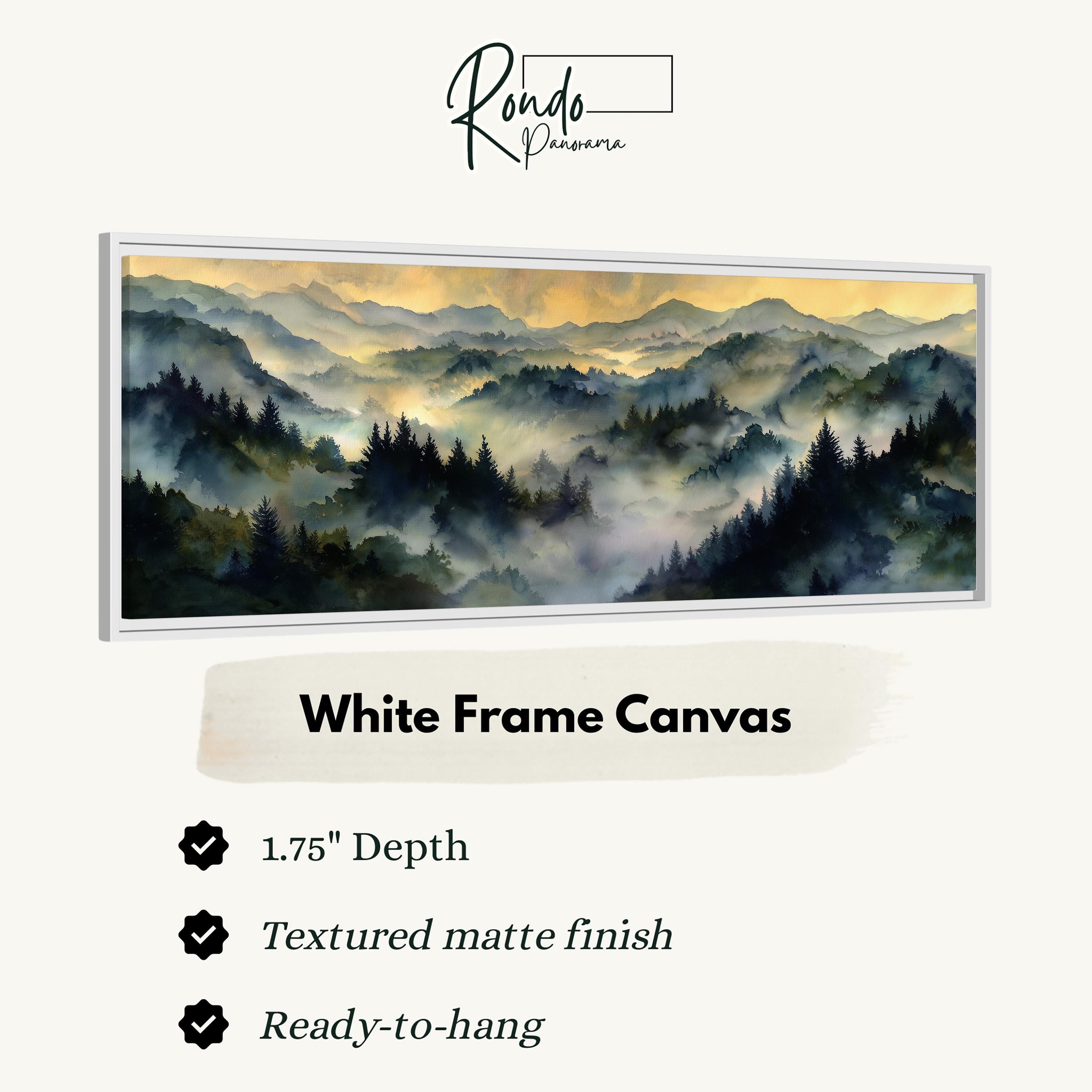 The image is a white frame canvas depicting a scenic mountain landscape with a misty, hazy atmosphere.