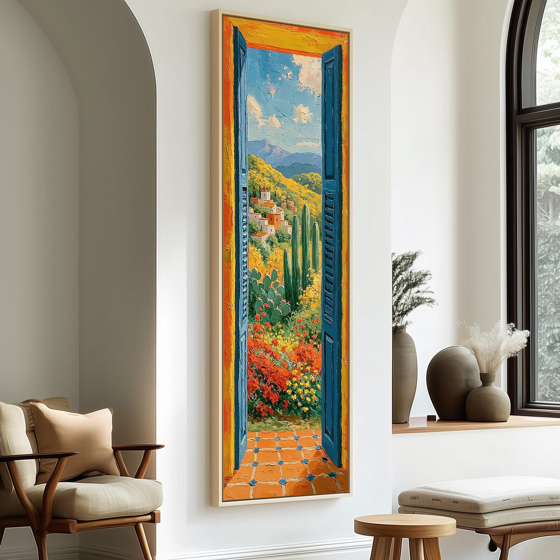 Open blue door onto a Mediterranean valley long vertical canvas print in a sunlit living space