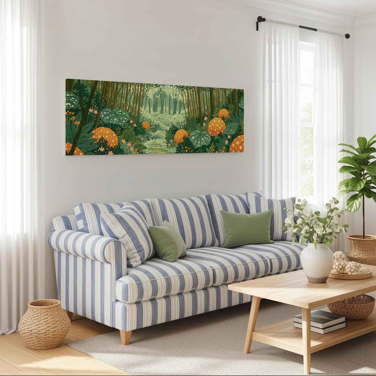 Amber mushroom forest long horizontal canvas print above a striped sofa in a coastal living room