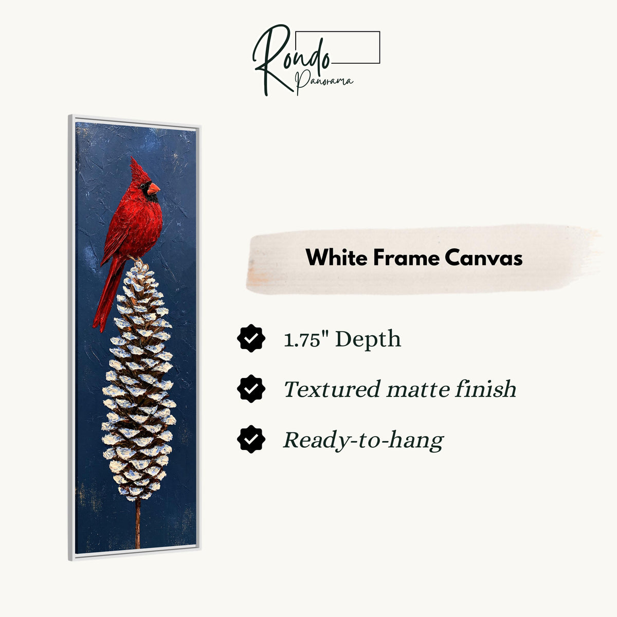Red cardinal perched on a snowy pinecone canvas print in a white floating frame