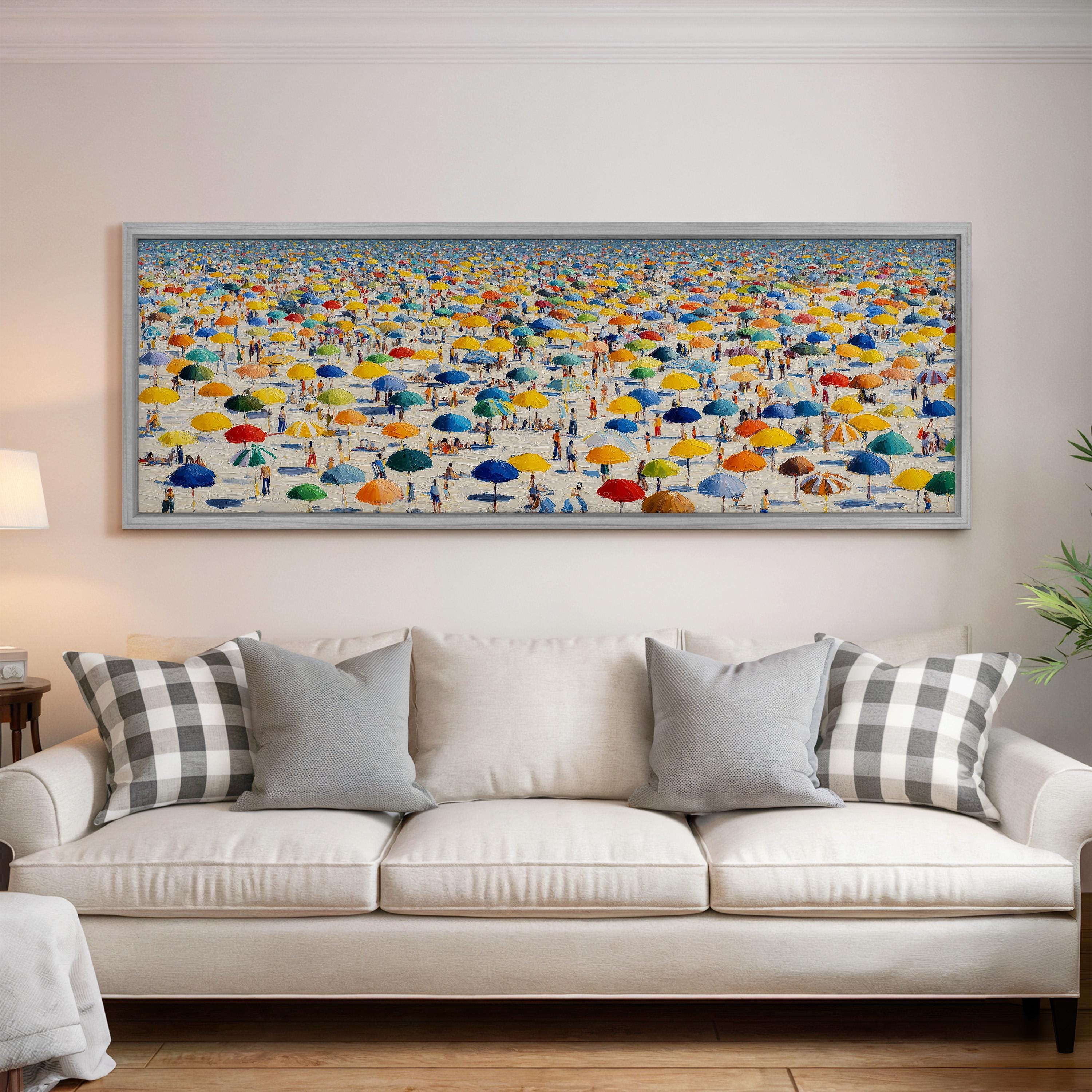 a large, colorful painting of a beach scene with numerous umbrellas and people enjoying the sunny day.