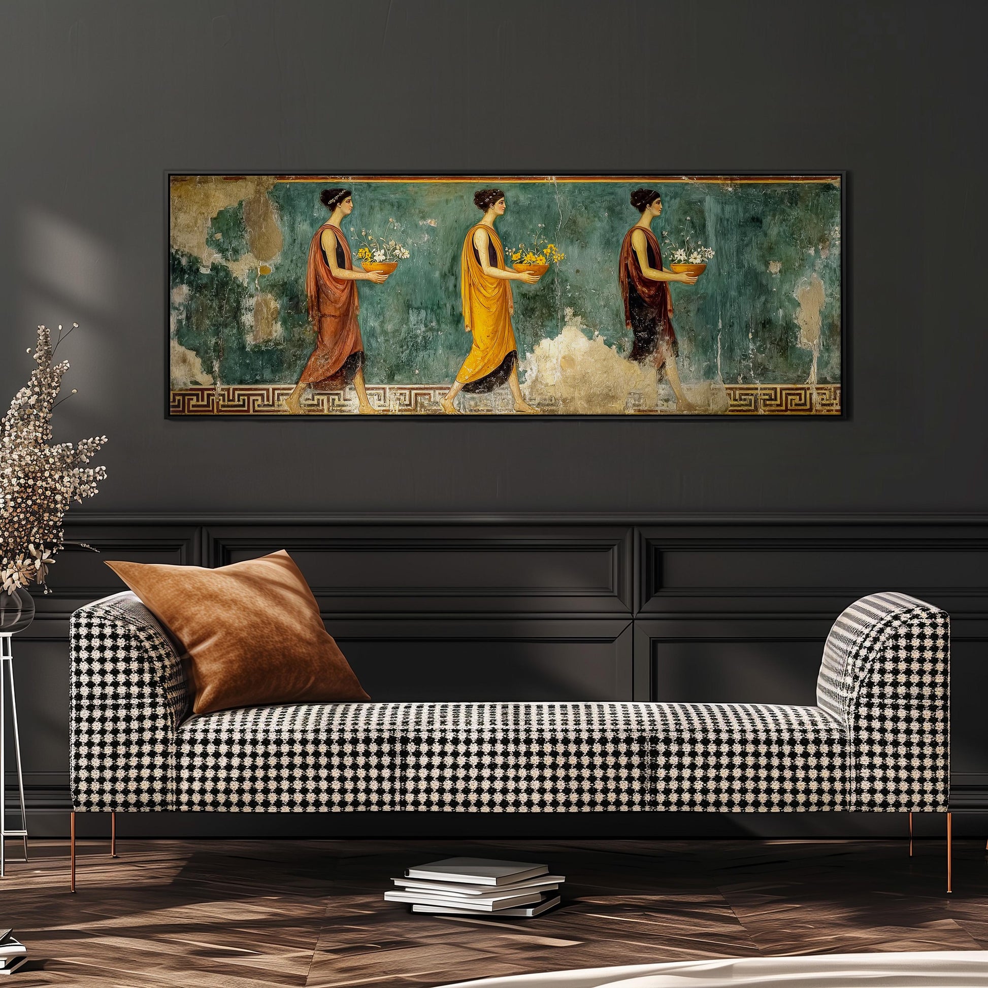 a large painting of three women in colorful dresses, each carrying a basket of flowers, displayed on a wall above a black and white checkered sofa.