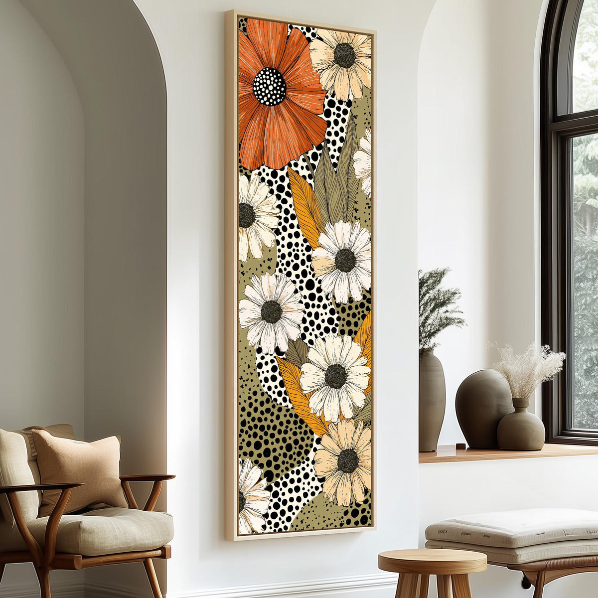 Retro daisies with polka dots long vertical canvas print in a sunlit living space
