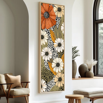 Retro daisies with polka dots long vertical canvas print in a sunlit living space