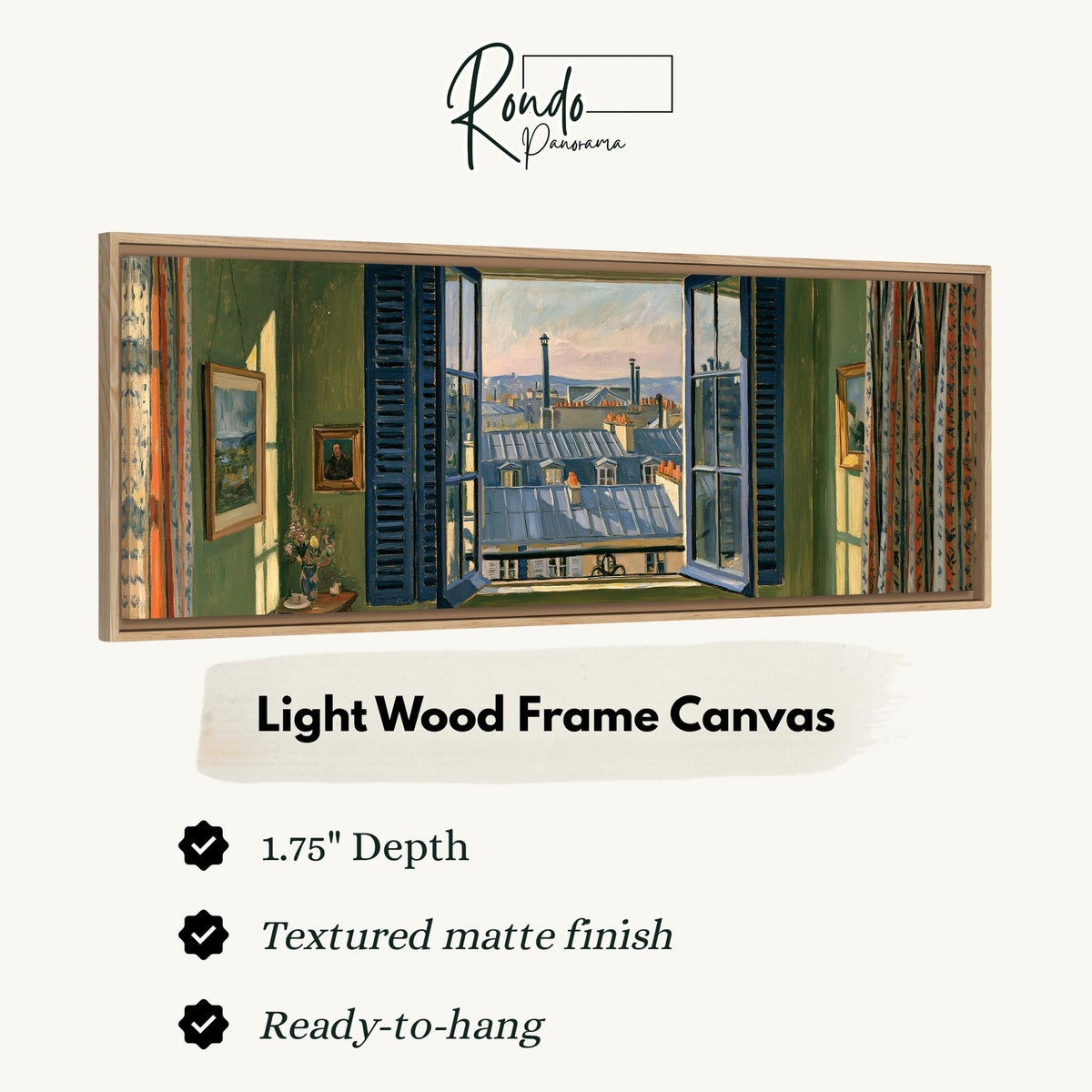 Paris zinc rooftops seen through a green room window canvas print in a light wood floating frame
