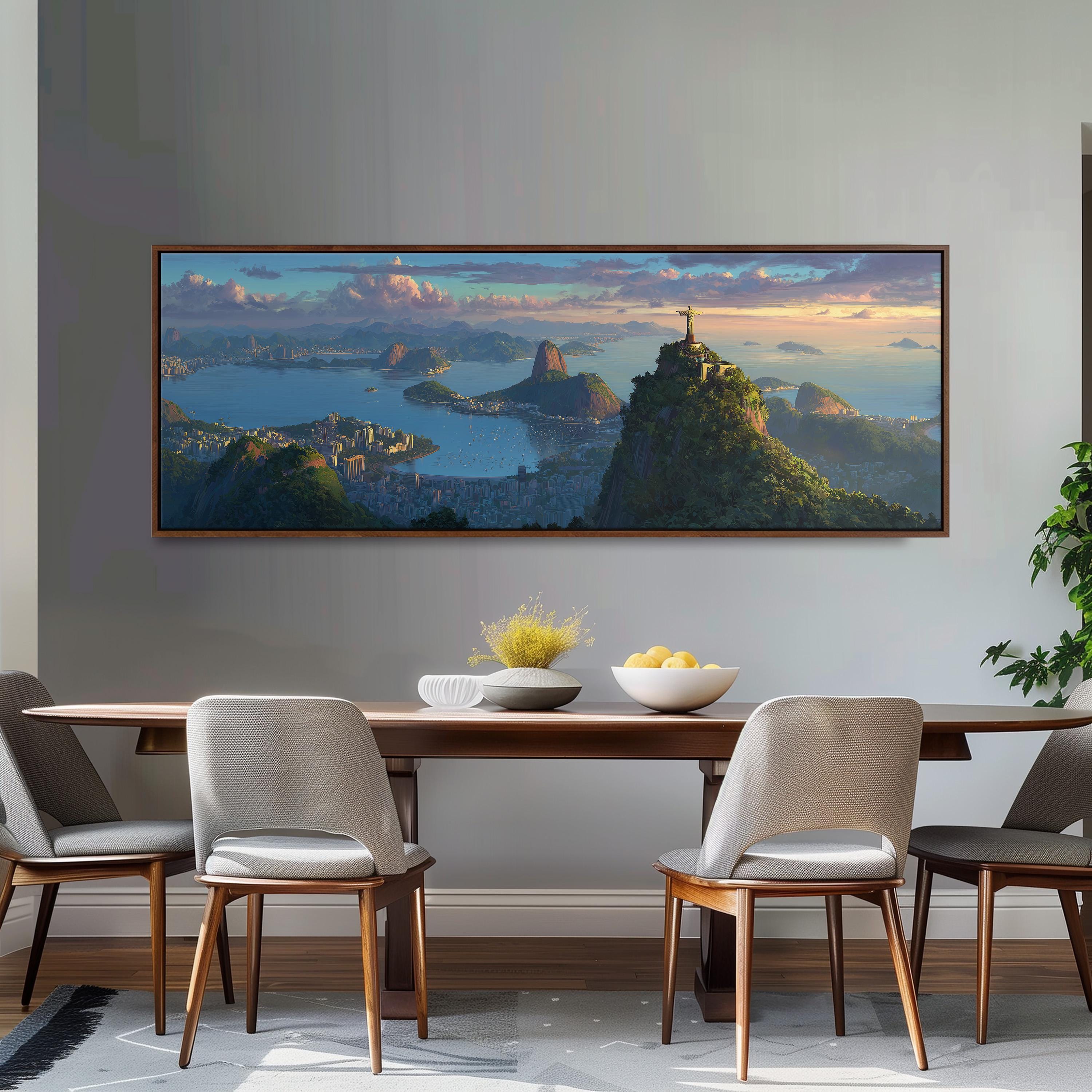 a large, framed painting of a scenic landscape hanging on a wall above a wooden dining table with four chairs.