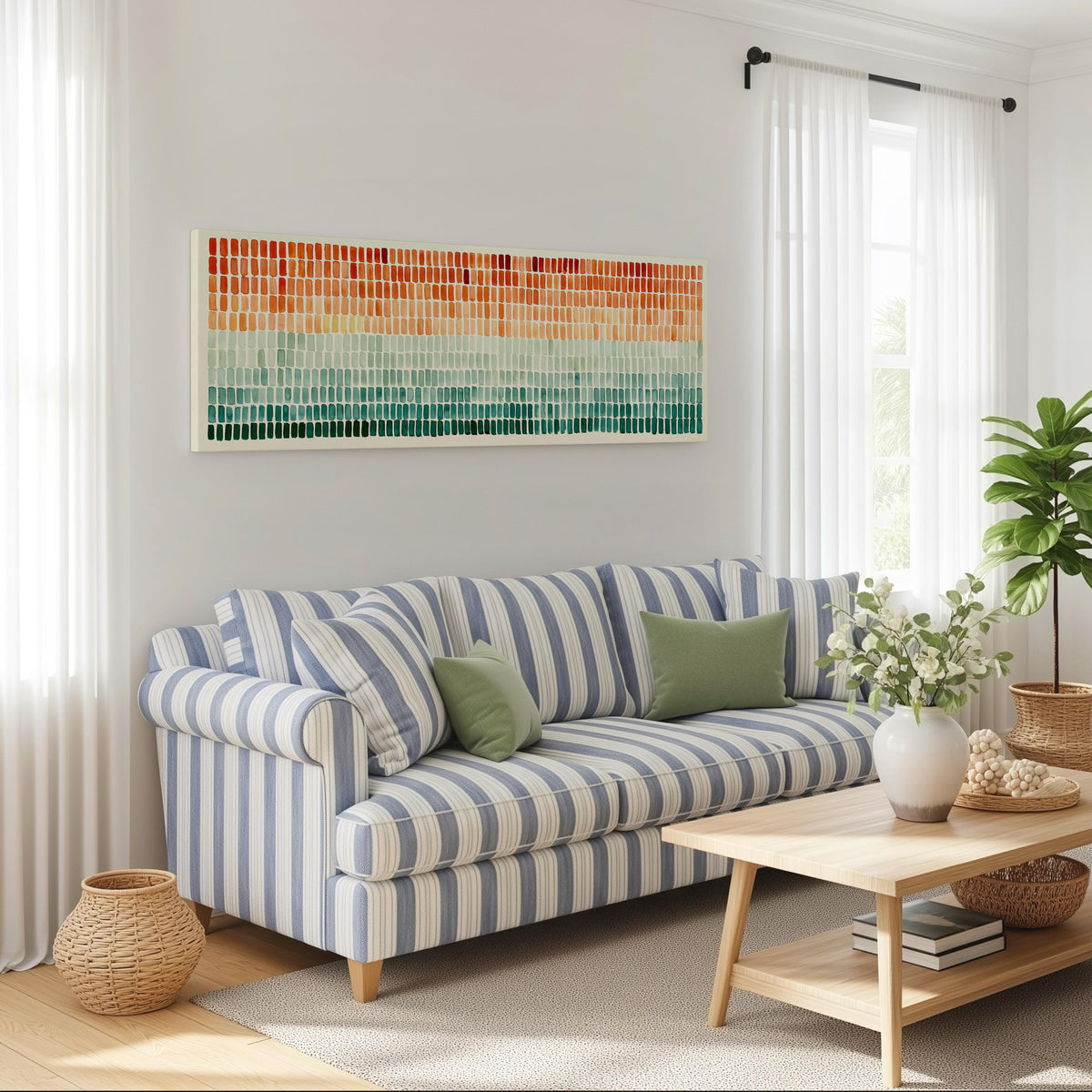 Brushmarks fading from orange to teal long horizontal canvas print above a striped sofa in a coastal living room