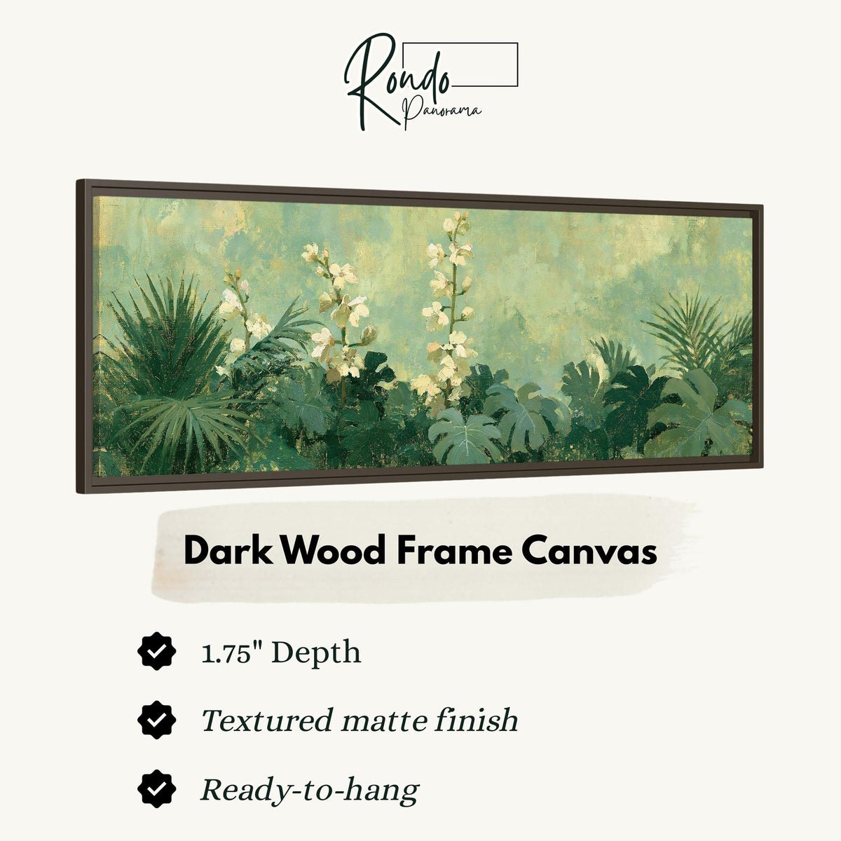 Tropical white blooms in green foliage canvas print in a dark wood floating frame