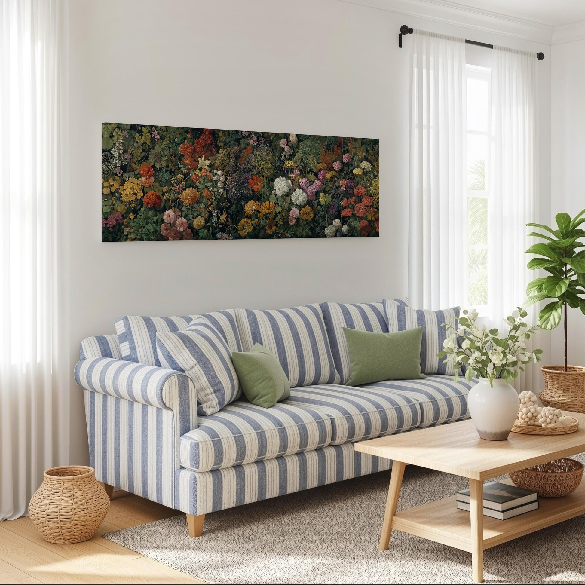 a cozy living room with a striped blue and white sofa, a wooden coffee table, and a large window with white curtains. Above the sofa, there is a large painting of a flower garden.
