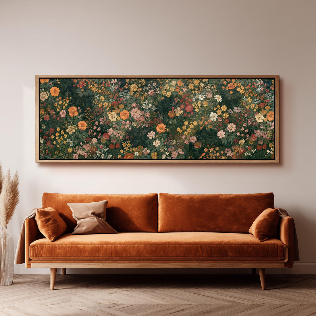 Dense wildflower tapestry pattern long horizontal canvas print above a sofa in a living room