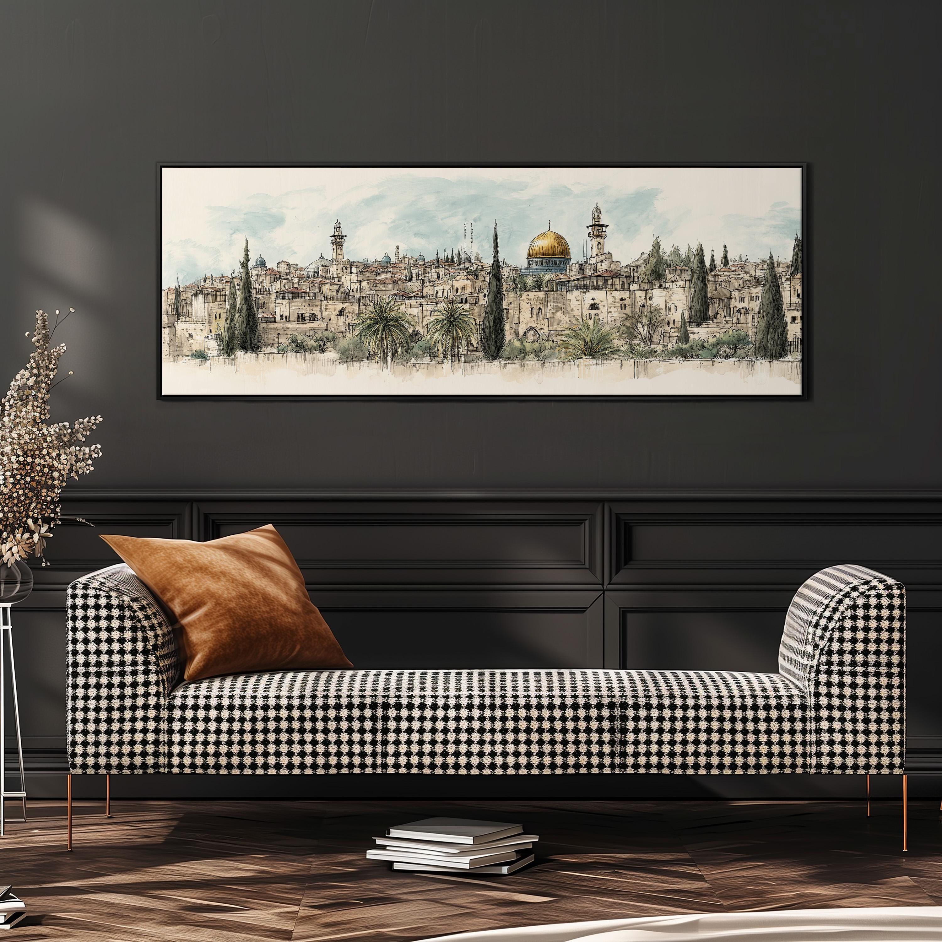 a large, framed painting of a cityscape with a prominent dome in the center, hanging on a wall above a black and white checkered sofa.