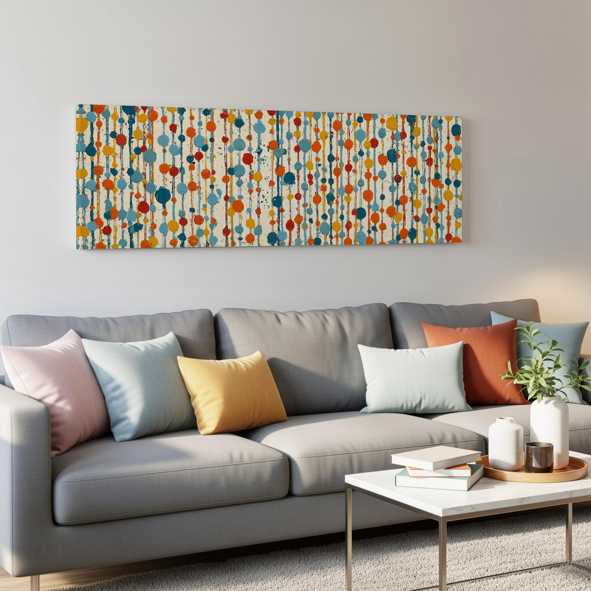 Strings of colorful polka dot blooms panoramic canvas print above a grey sofa in a living room