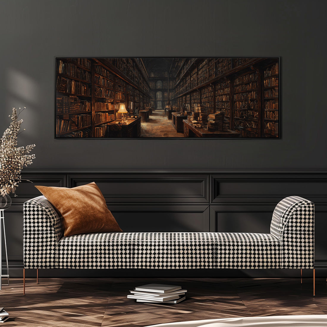 a cozy living room with a large bookshelf filled with books, creating a warm and inviting atmosphere. A black and white checkered sofa with a brown throw pillow is positioned in front of the bookshelf, and a stack of books is placed on the floor next to the sofa.