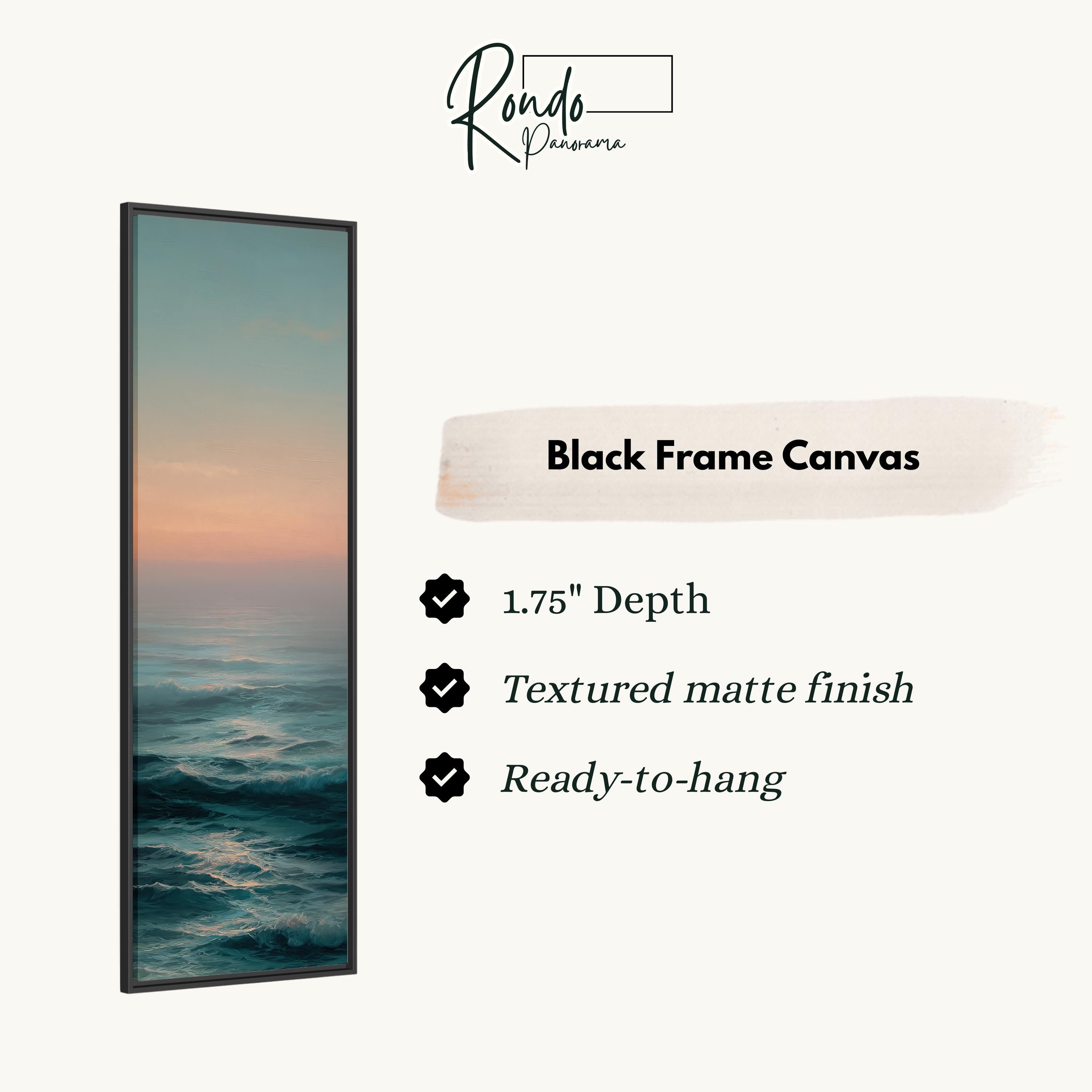 The image is a black frame canvas depicting a seascape with a sunset over the ocean.