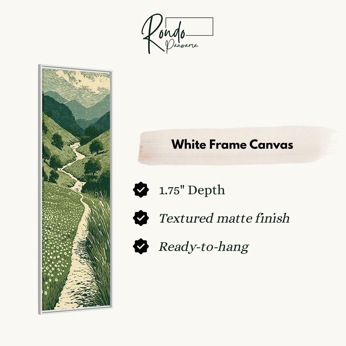 Trail winding through green mountains canvas print in a white floating frame