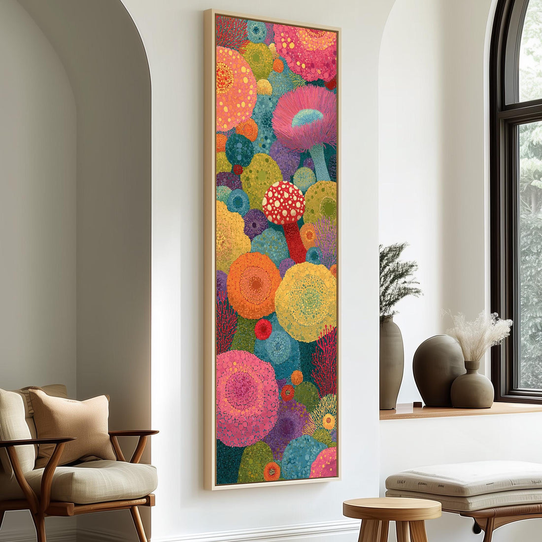 Pink mushrooms in a coral-like garden long vertical canvas print in a sunlit living space