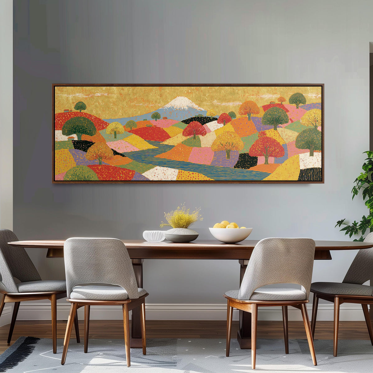 Mount Fuji over golden patchwork hills long horizontal canvas print above a dining table