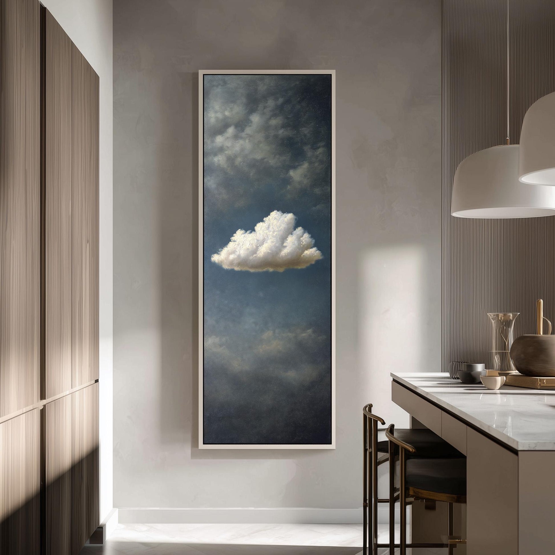 a large painting of a cloud hanging on a wall in a modern kitchen.