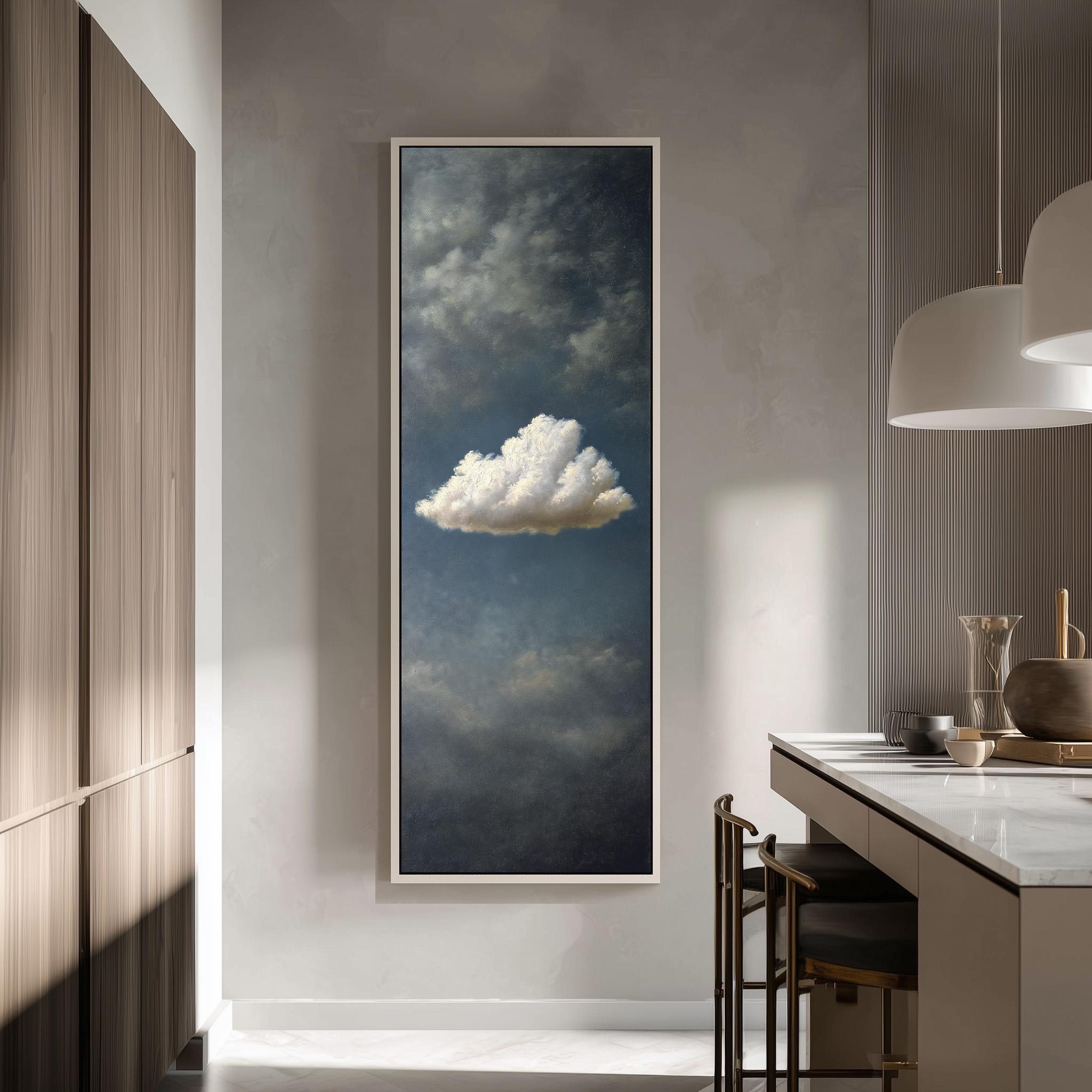 a large painting of a cloud hanging on a wall in a modern kitchen.
