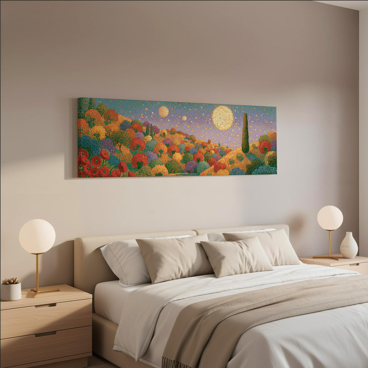 Autumn hillside under glowing moons wide panoramic canvas print above a bed in a neutral bedroom