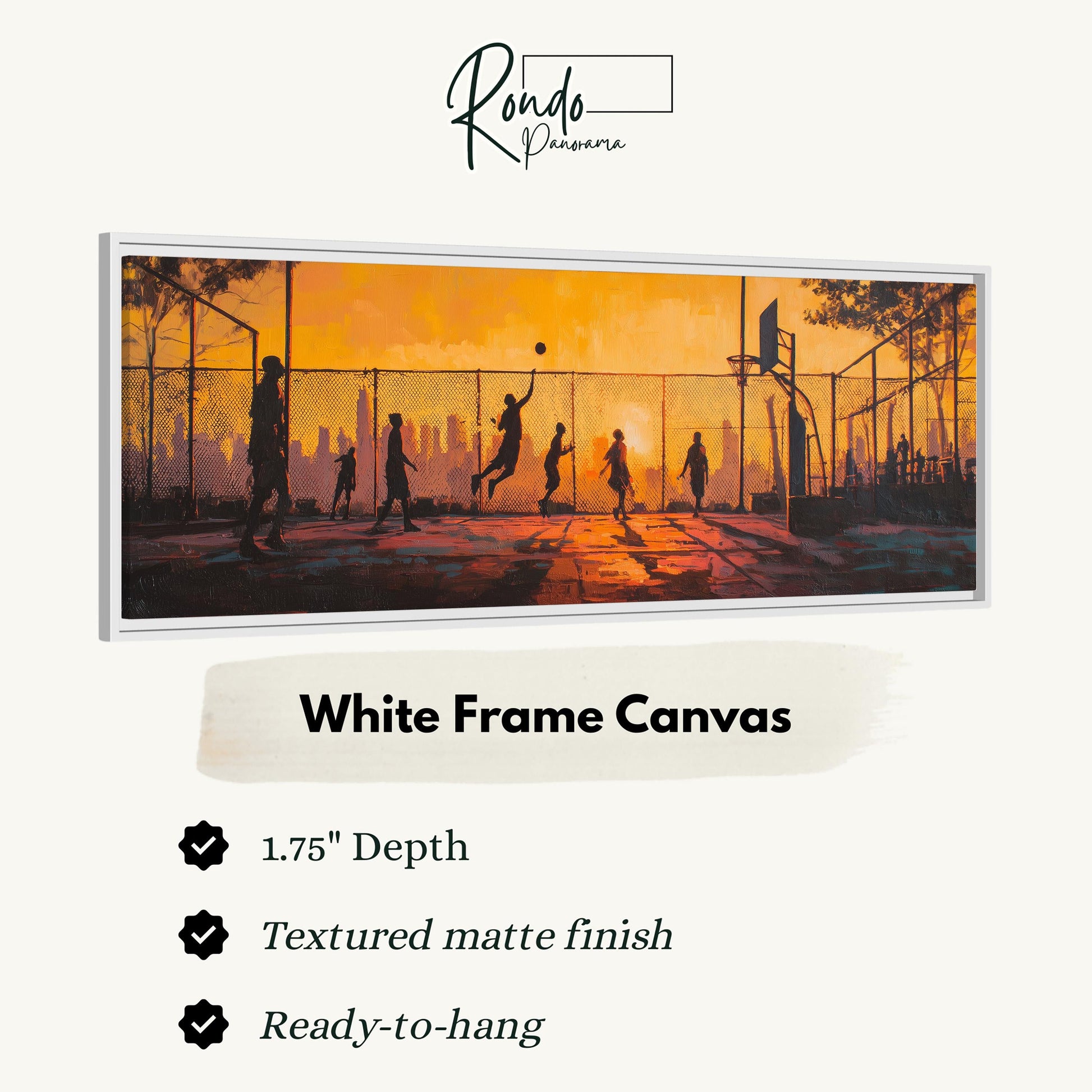 A framed painting depicting a group of people playing basketball on a court at sunset.