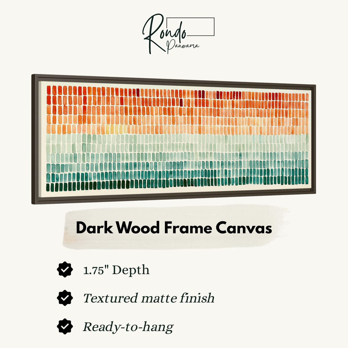 Brushmarks fading from orange to teal canvas print in a dark wood floating frame