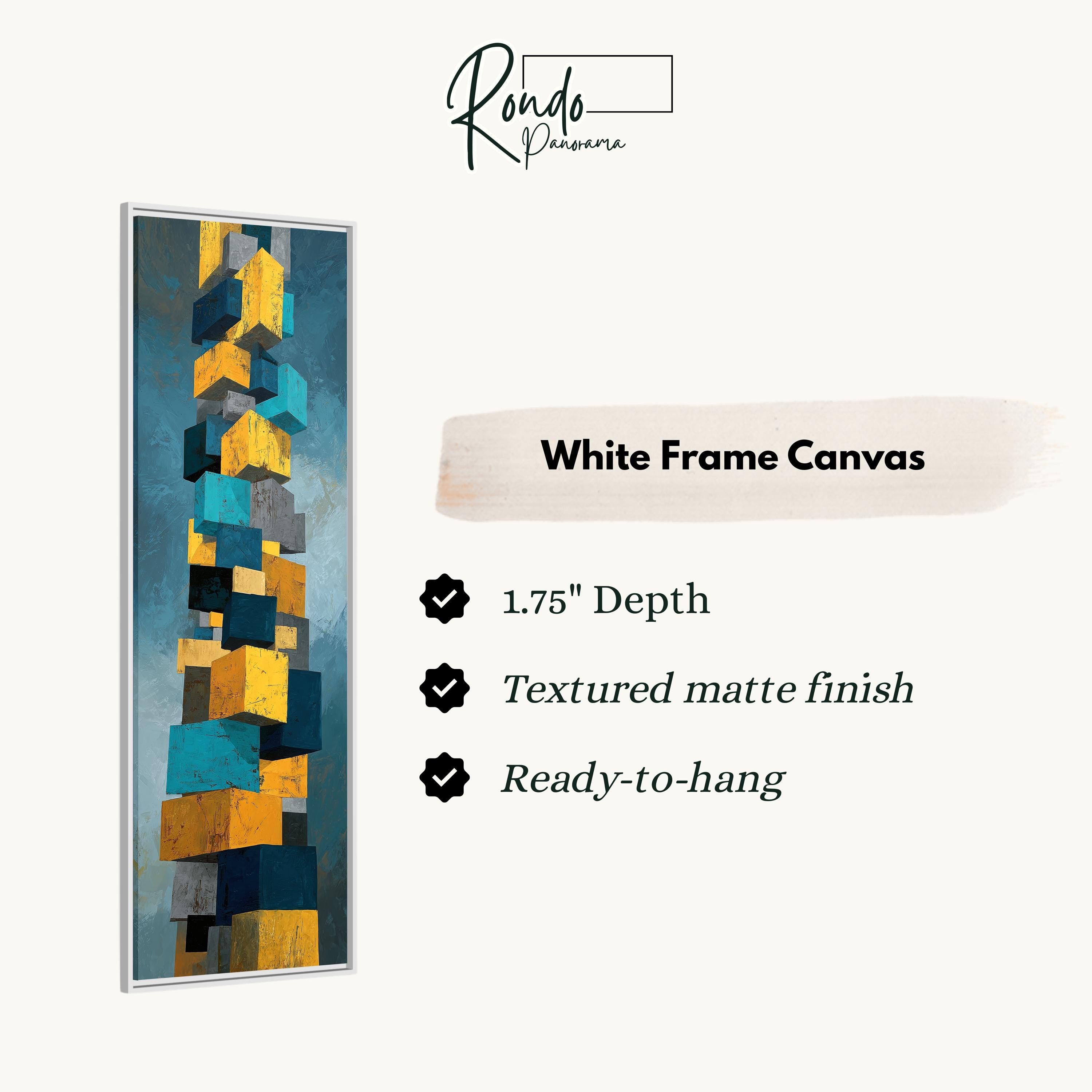 The image is a white frame canvas with a painting of a tall, abstract structure composed of various shades of blue, yellow, and gray blocks.