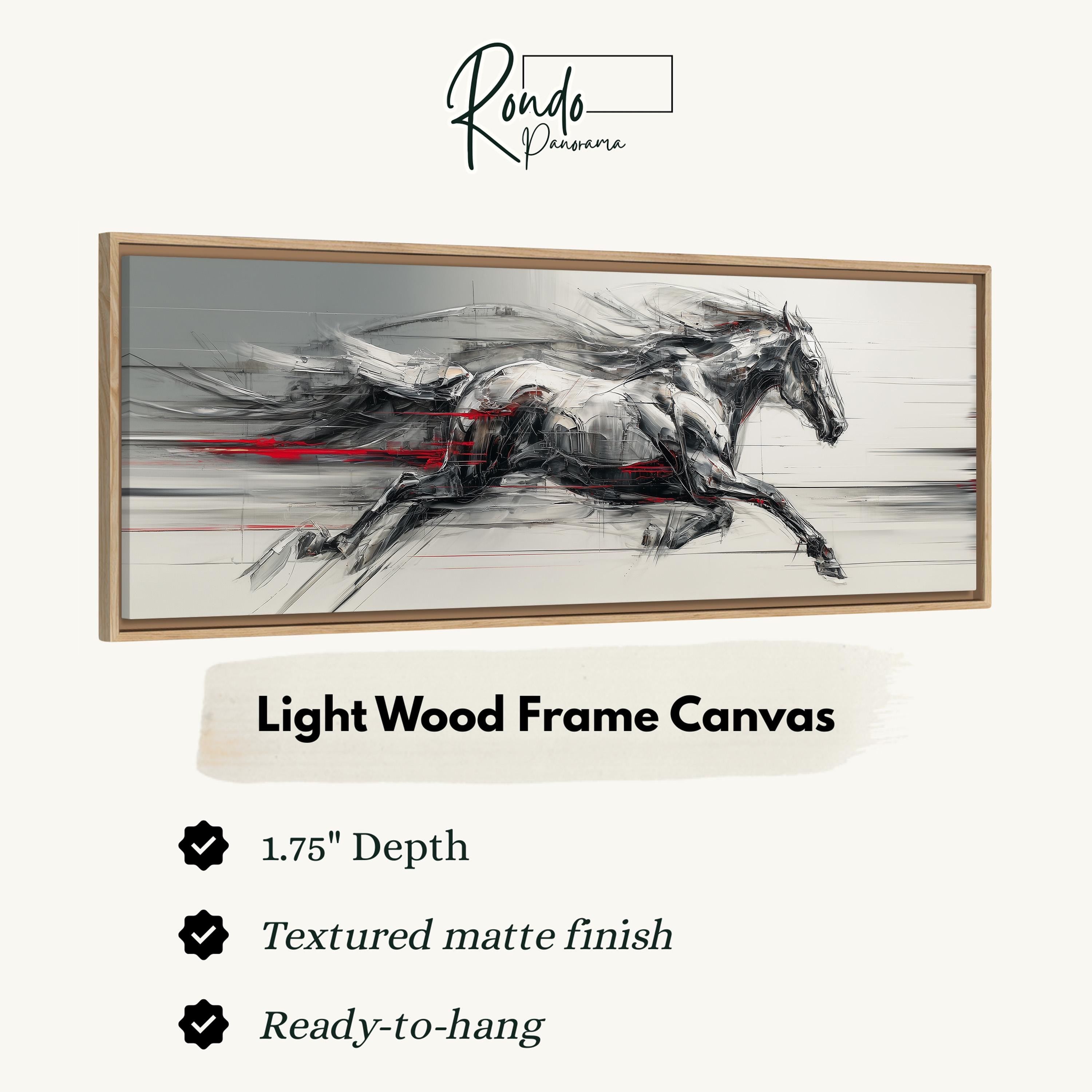 a light wood frame canvas depicting a running horse in motion.