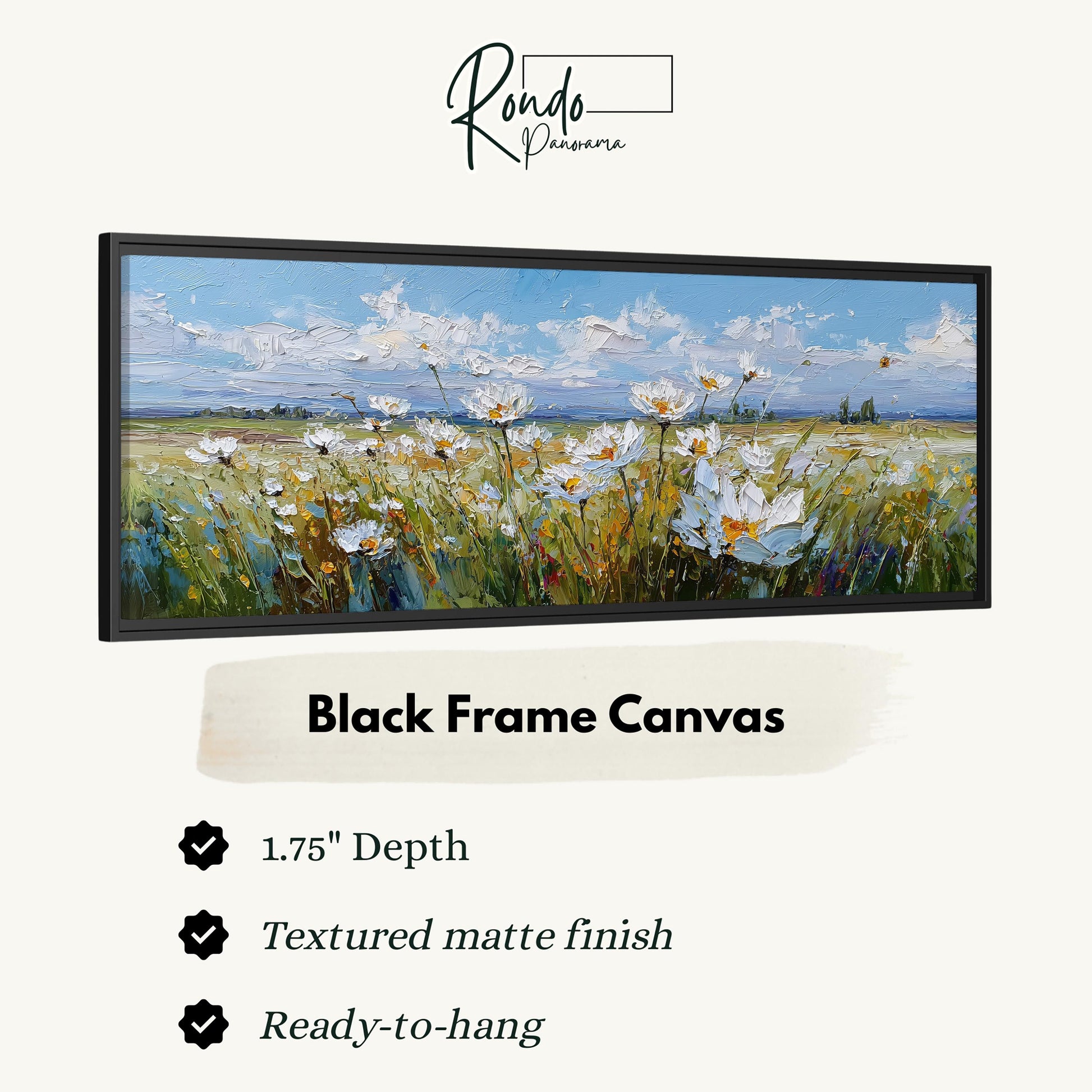 The image is a black frame canvas depicting a field of white flowers against a blue sky with clouds.
