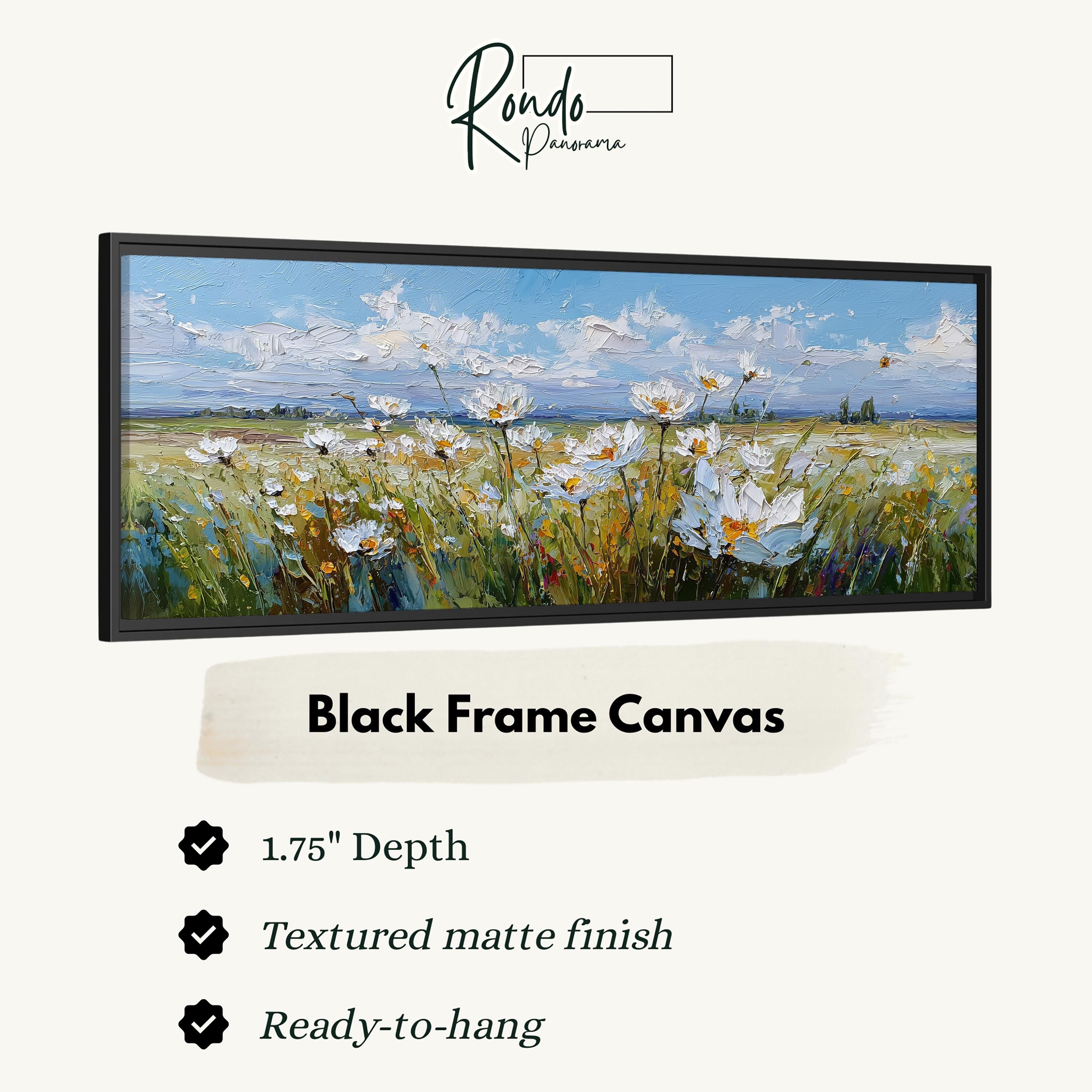 The image is a black frame canvas depicting a field of white flowers against a blue sky with clouds.