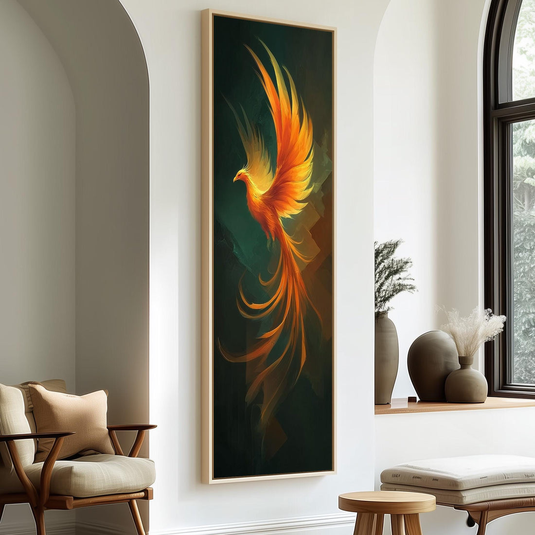 a large, vibrant painting of a phoenix with its wings spread wide, displayed on a wall in a room with a wooden chair and a small table.