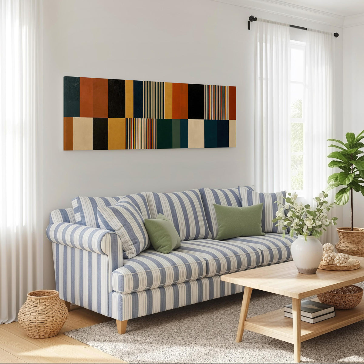 Autumn and teal stripe color blocks long horizontal canvas print above a striped sofa in a coastal living room