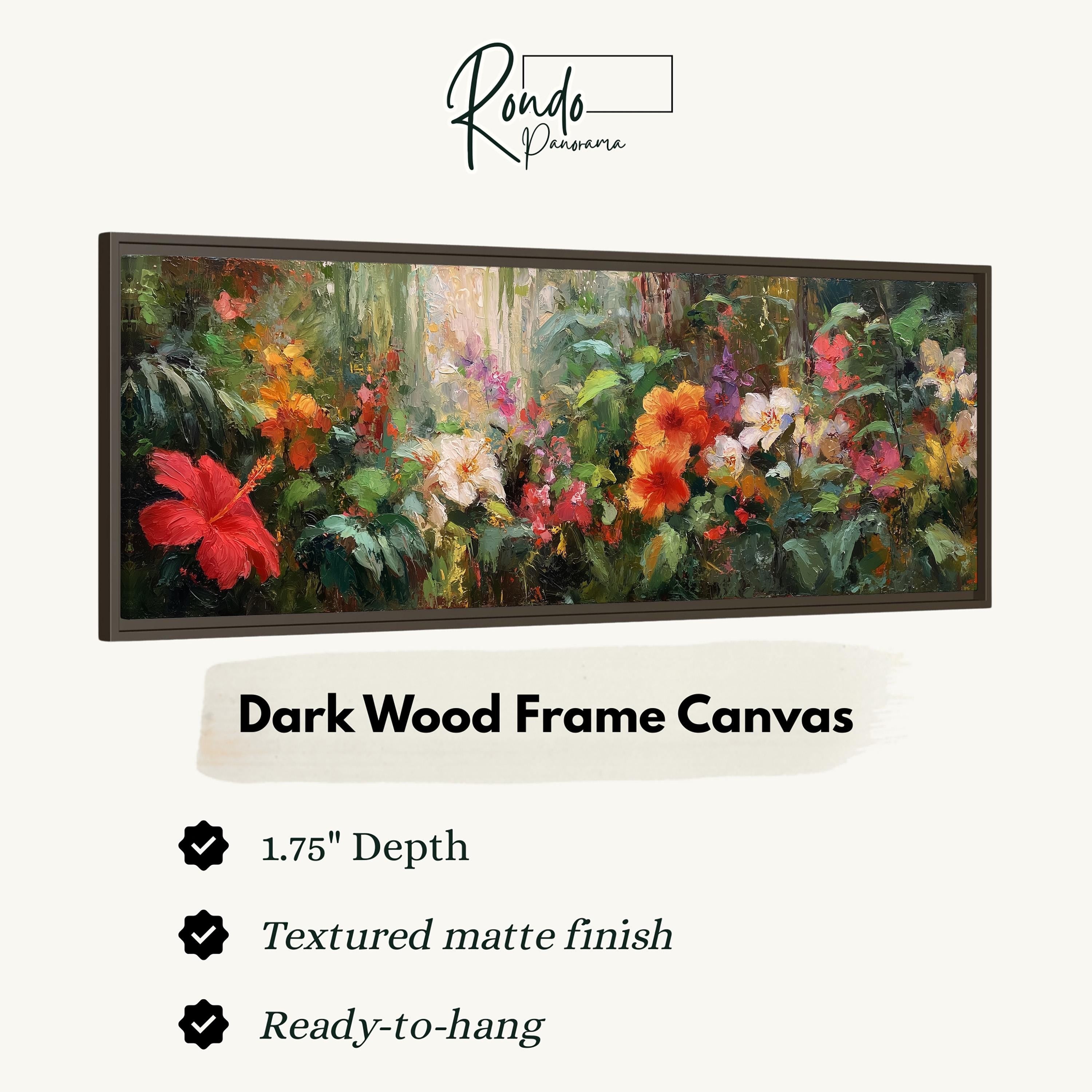 The image is a framed painting of a vibrant garden scene with various flowers and foliage.