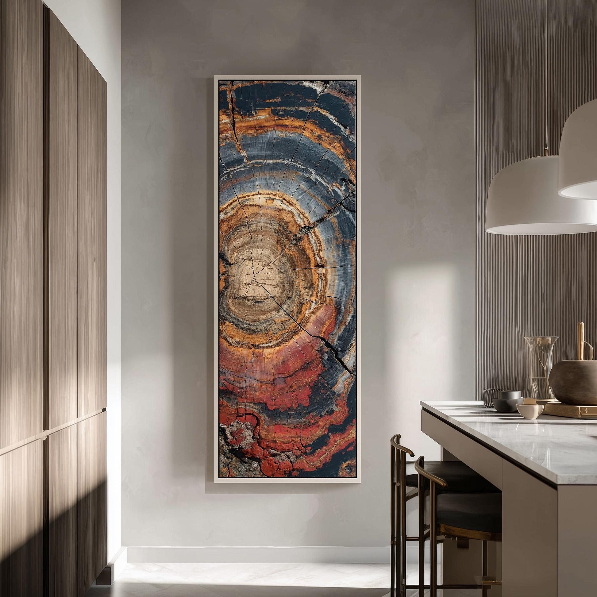 a large, colorful abstract painting hanging on a wall in a modern kitchen.