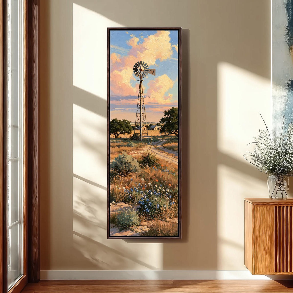 Ranch windmill above bluebonnets at sunset long vertical canvas print in a sunlit living space