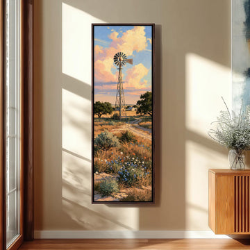 Ranch windmill above bluebonnets at sunset long vertical canvas print in a sunlit living space