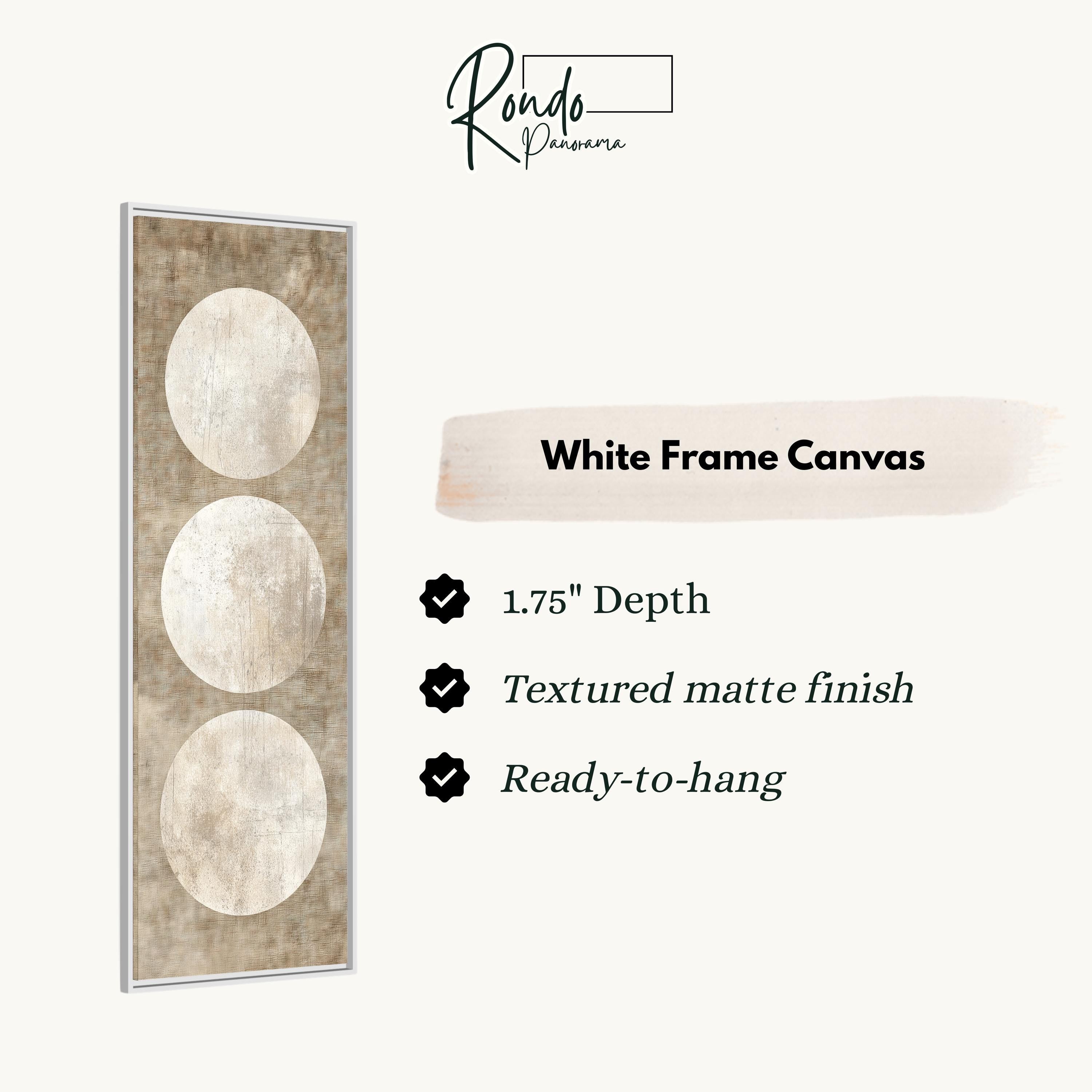 The image is a product description for a white frame canvas. It features a white frame canvas with three circles on it, and provides details about the product, including its dimensions, finish, and hanging location.