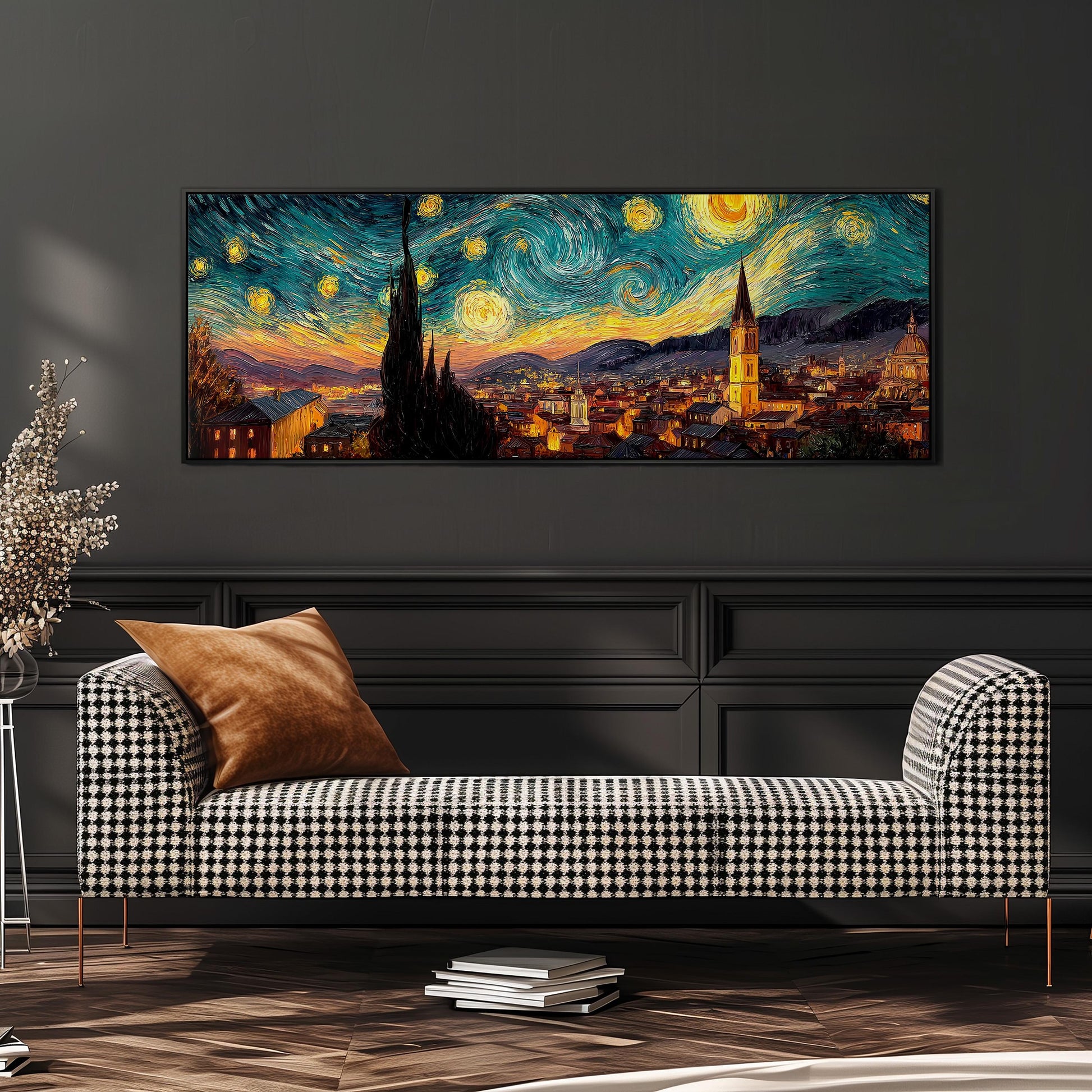 a large, colorful painting of a cityscape with a starry night sky above, hanging on a wall above a black and white checkered sofa.