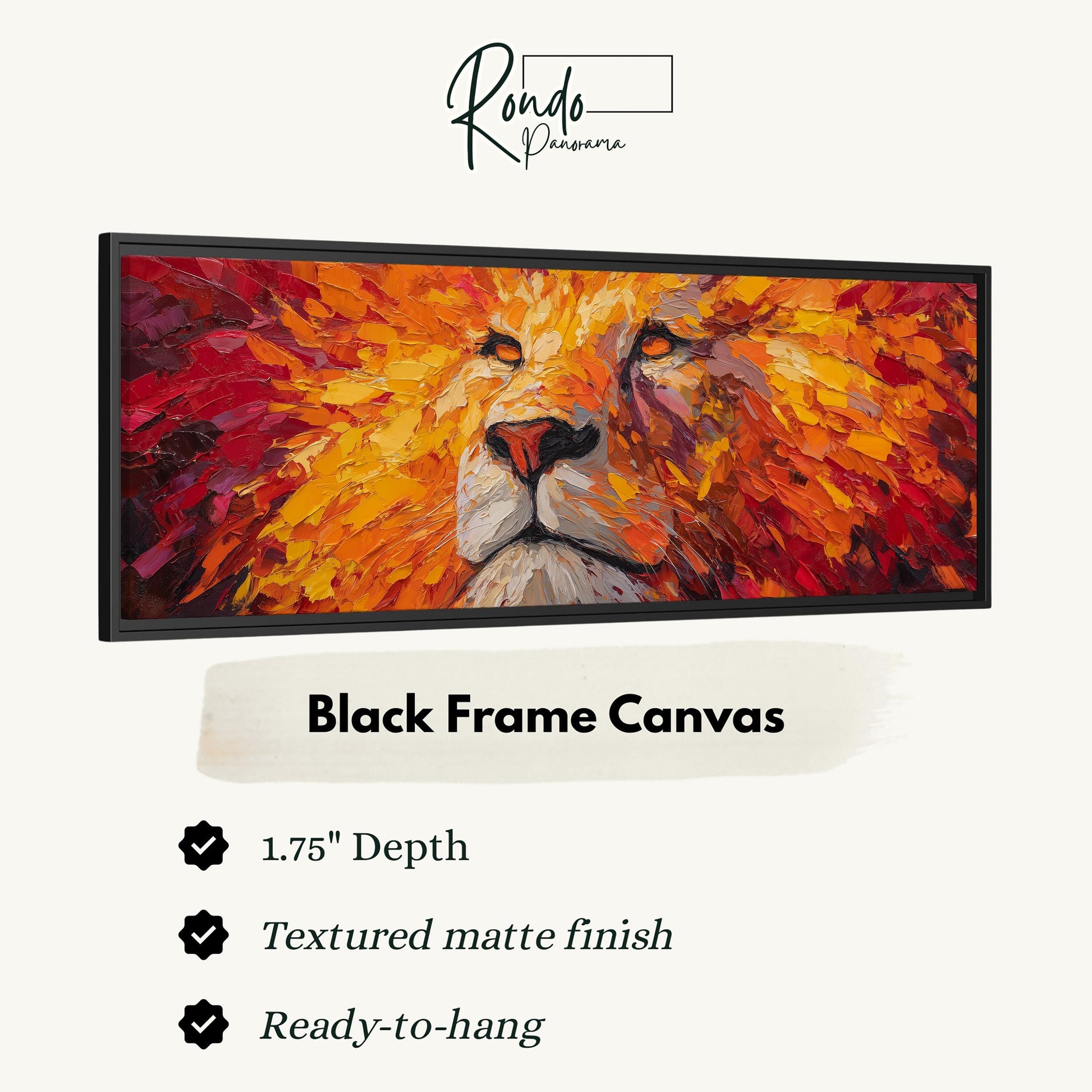 The image is a black frame canvas depicting a close-up of a lion's face with vibrant orange and red hues.