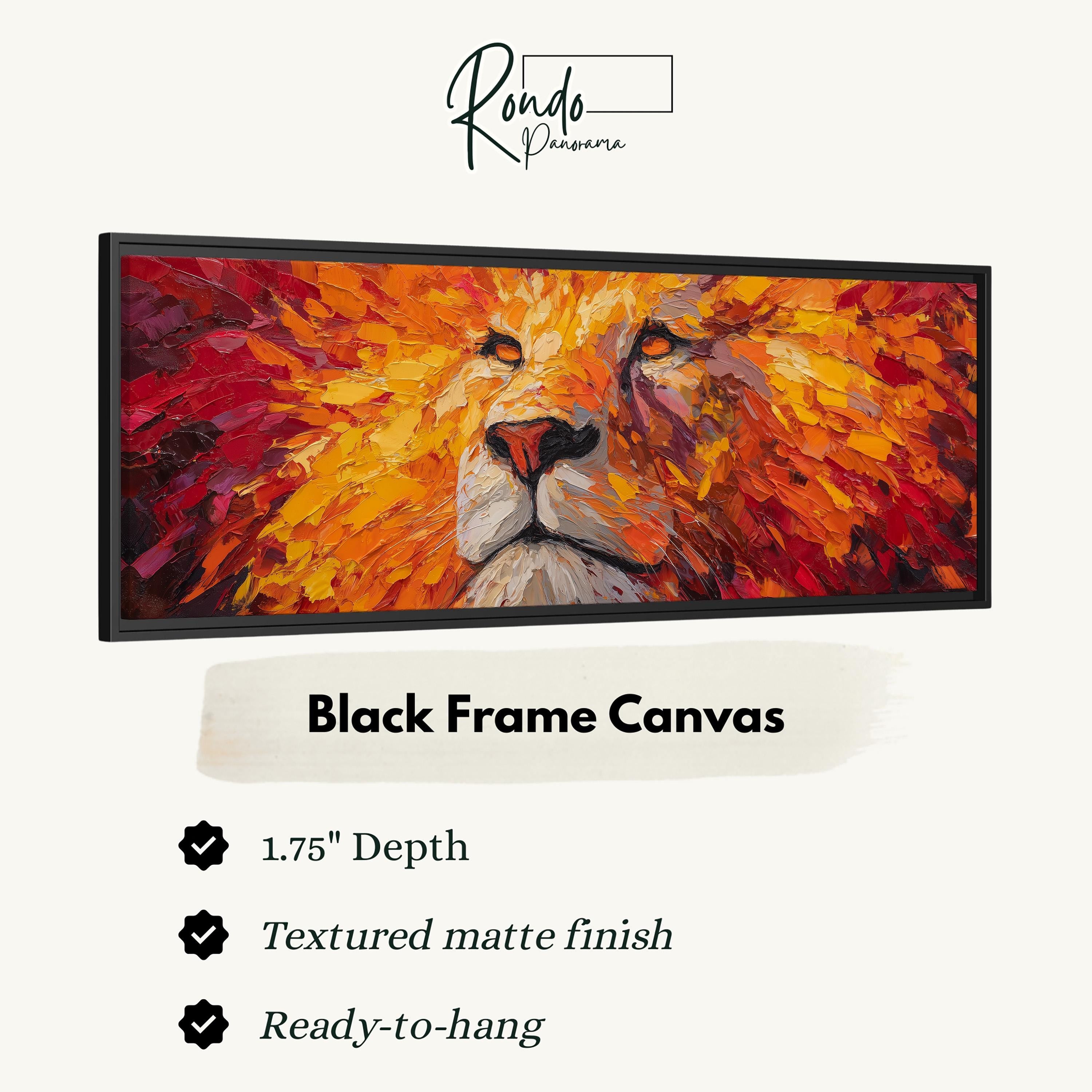 The image is a black frame canvas depicting a close-up of a lion's face with vibrant orange and red hues.