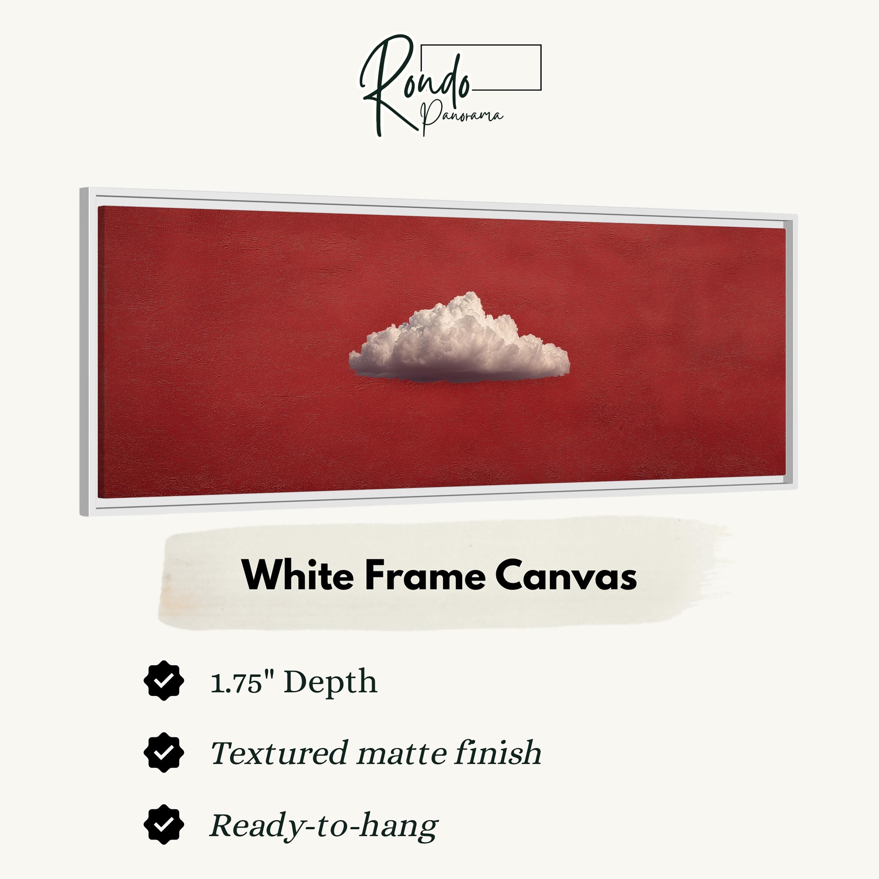 The image is a framed artwork depicting a single white cloud against a red background.