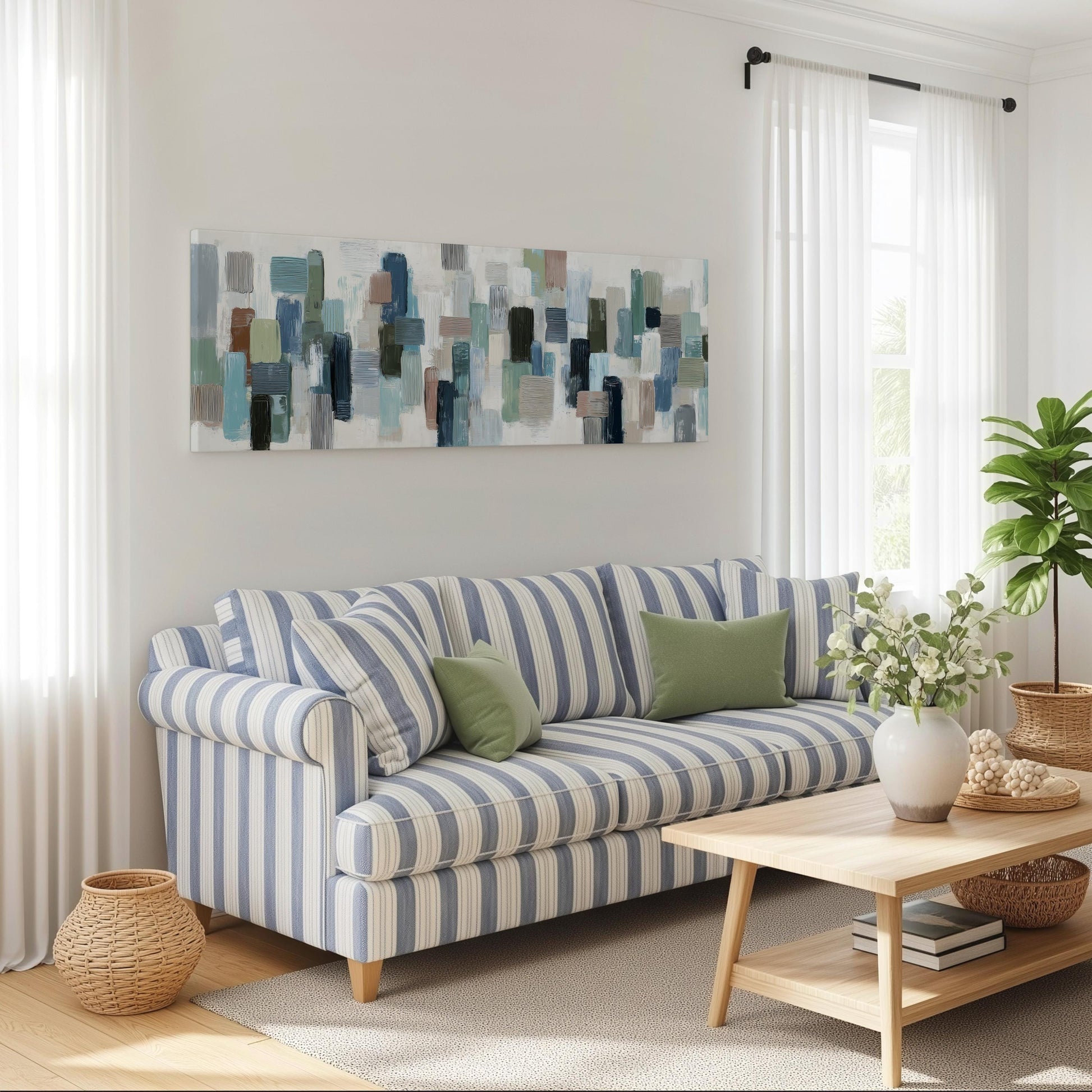 a cozy living room with a striped blue and white sofa, a wooden coffee table, and a large abstract painting on the wall.