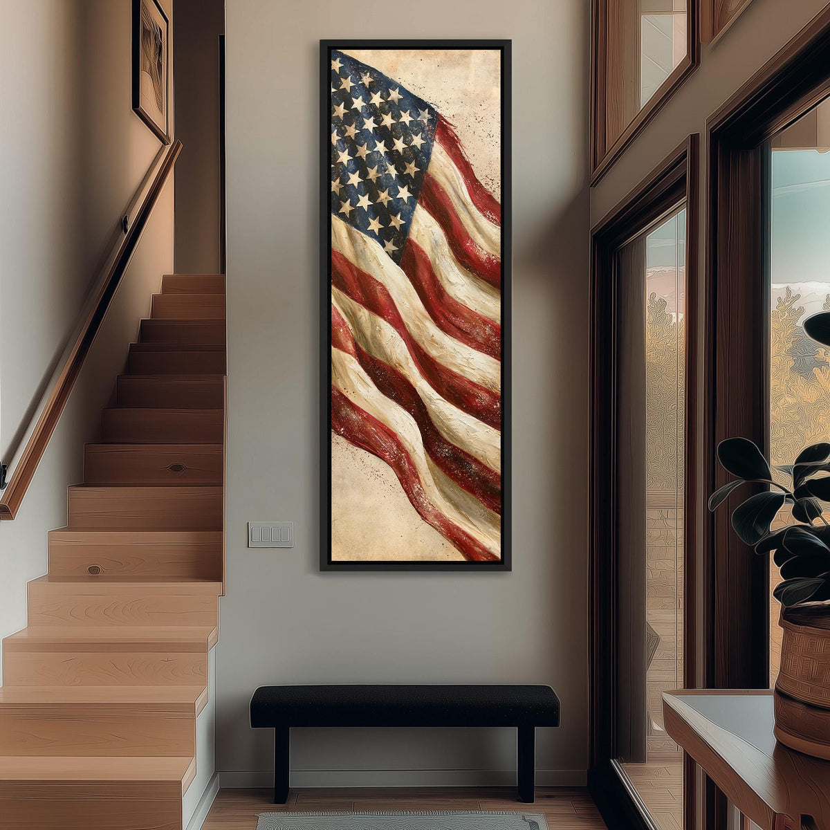 Textured waving American flag tall narrow canvas print beside a staircase in an entryway