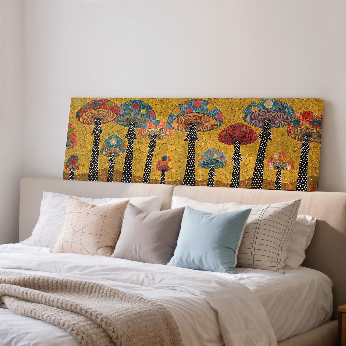 Polka dot mushrooms on gold wide panoramic canvas print above a bed in a bedroom