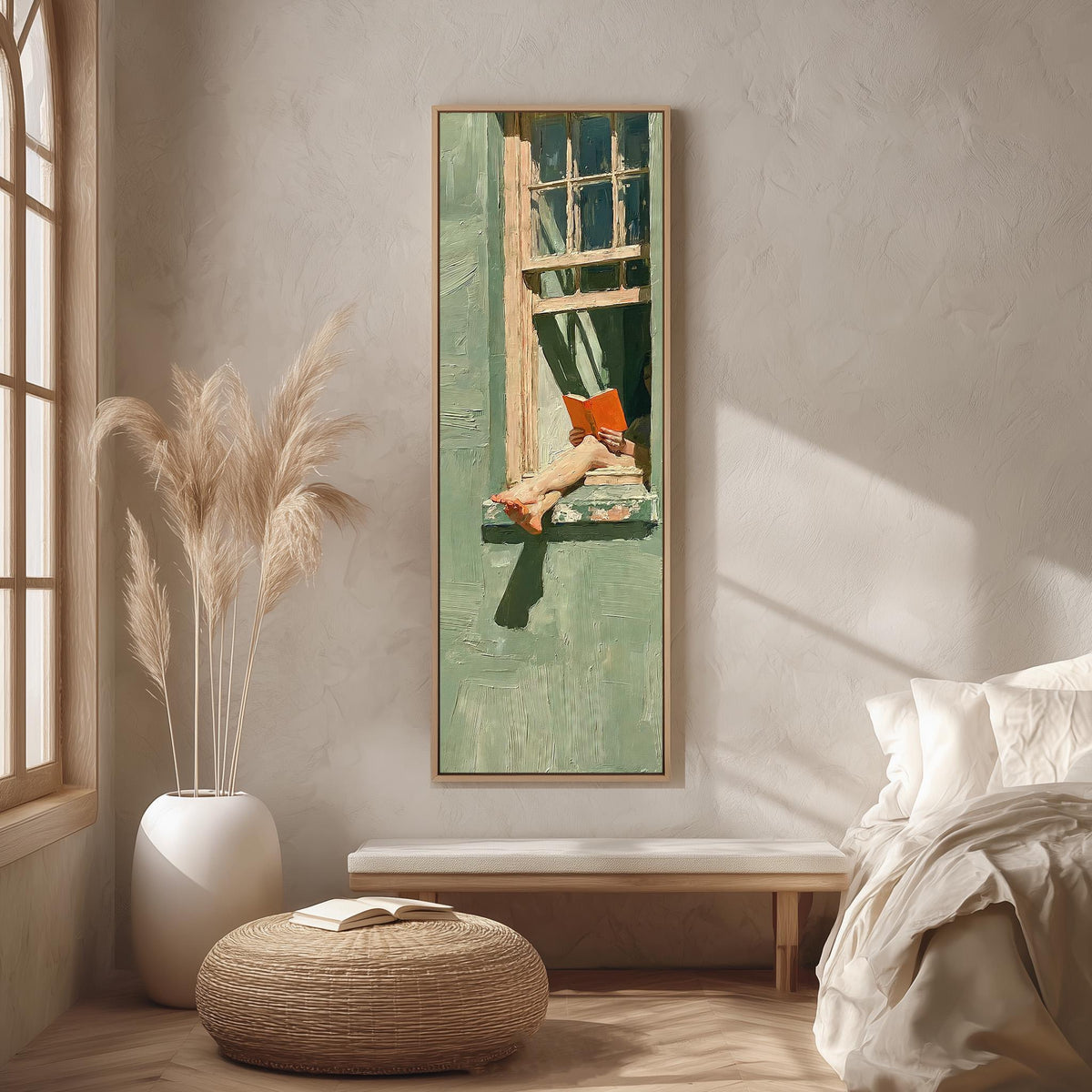 Woman reading in a sage green window long vertical canvas print in a bright reading corner