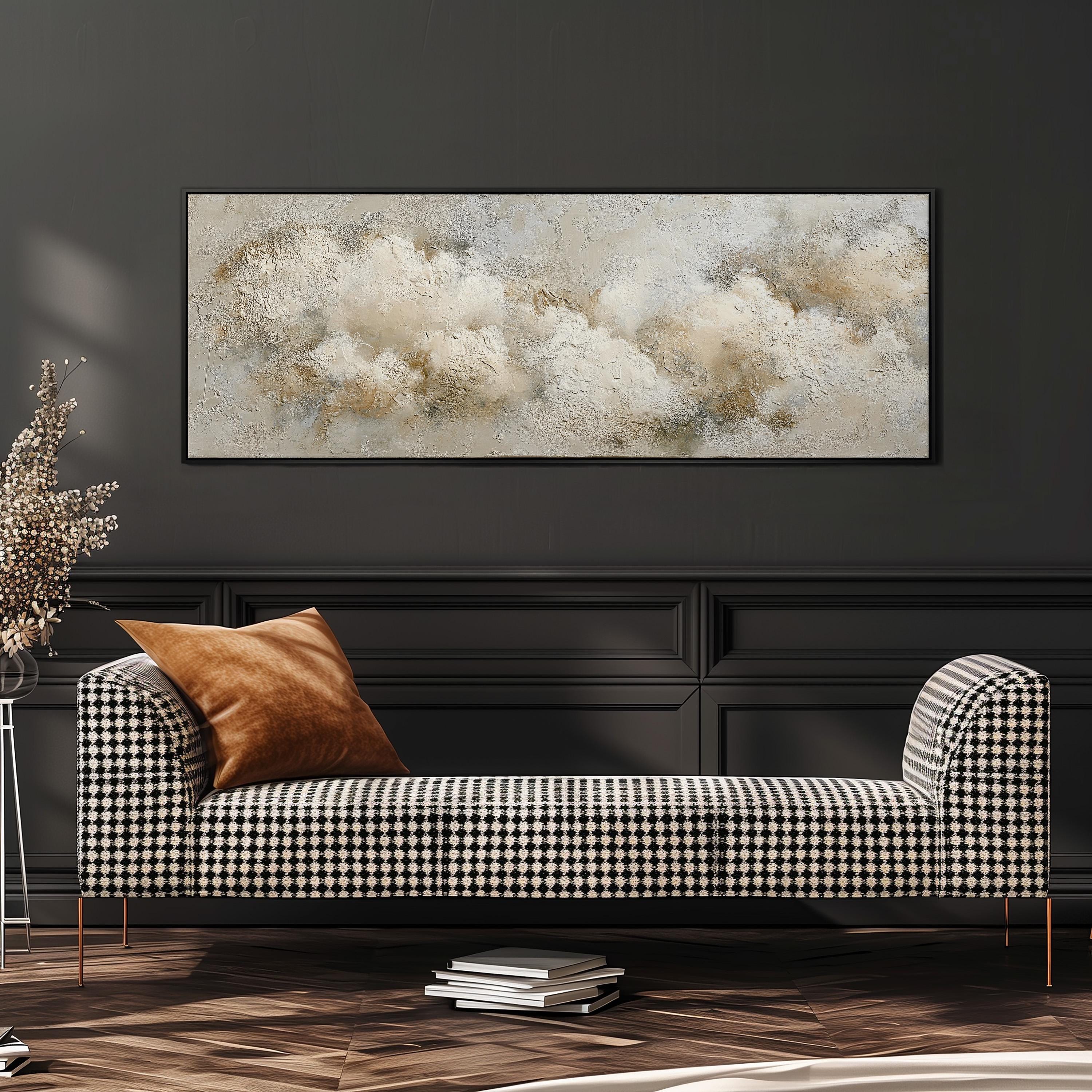 a black and white checkered sofa with a brown throw pillow, set against a dark wall with a large abstract painting hanging above it.