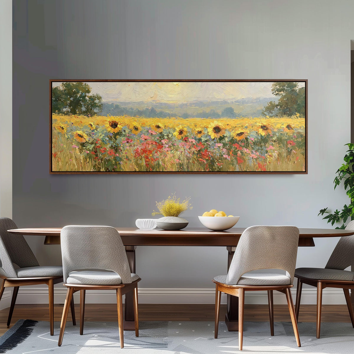 Sunflower and poppy meadow long horizontal canvas print above a dining table