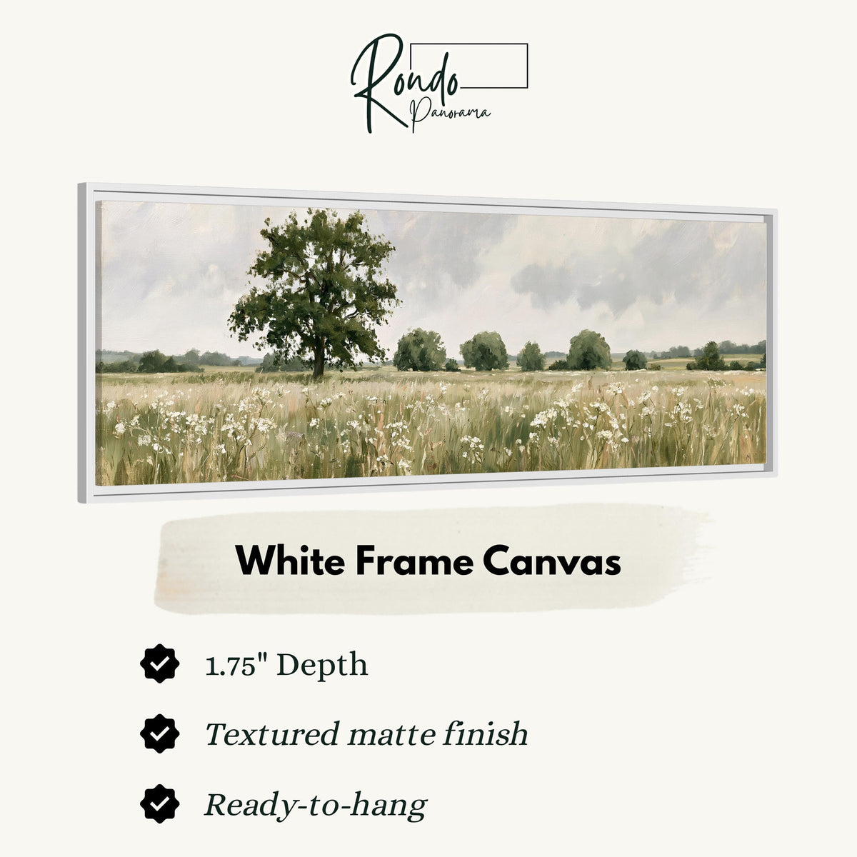 Lone oak tree in a daisy meadow canvas print in a white floating frame