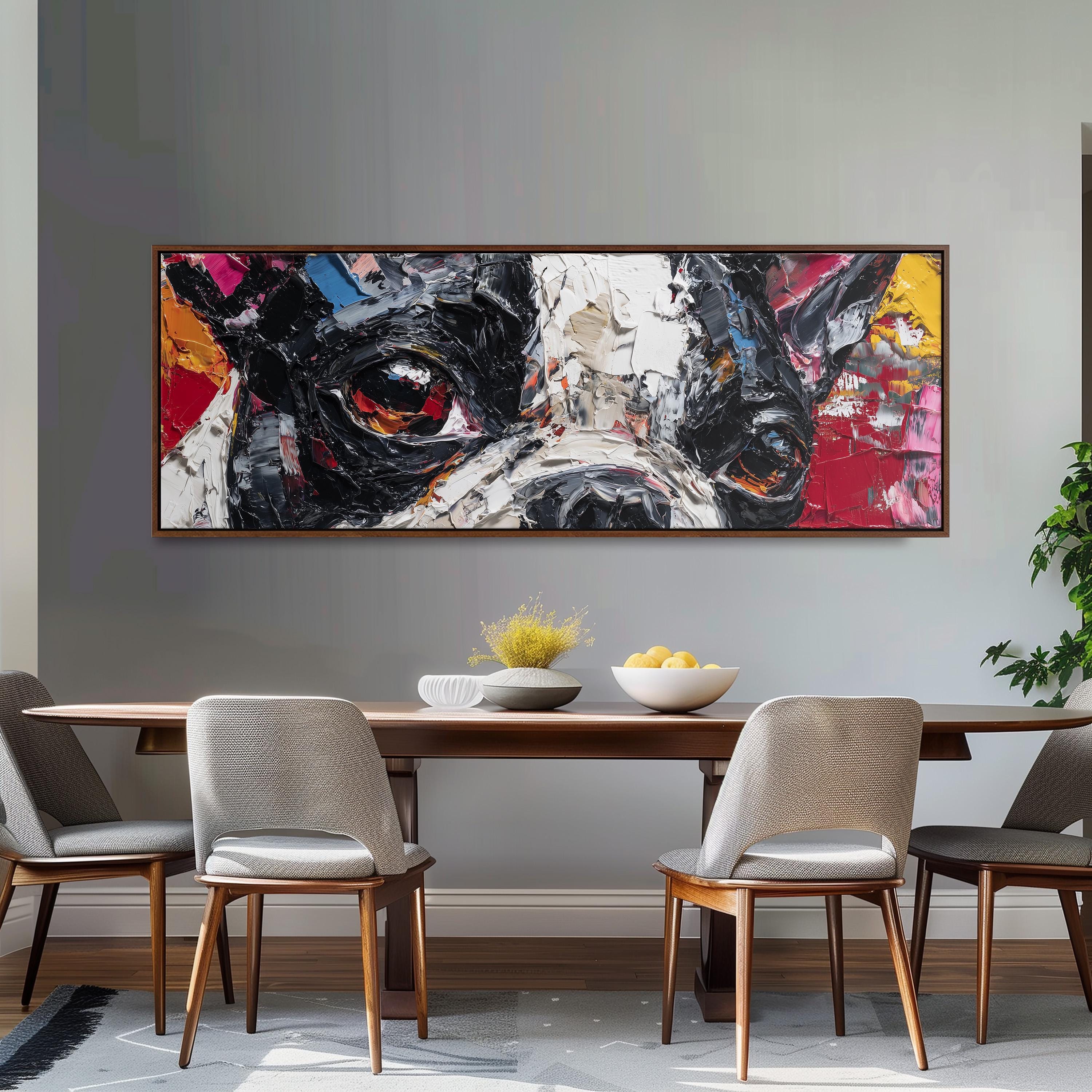 a large, colorful painting of a dog's face hanging on a wall above a wooden dining table with four chairs.