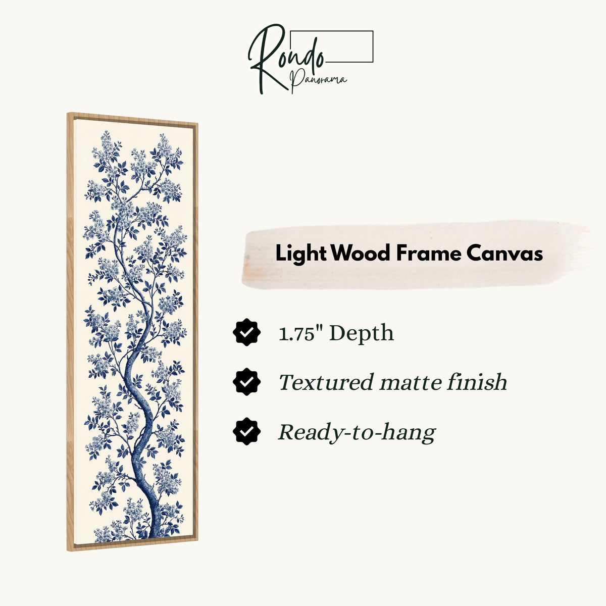 Blue chinoiserie blossom branch on cream canvas print in a light wood floating frame